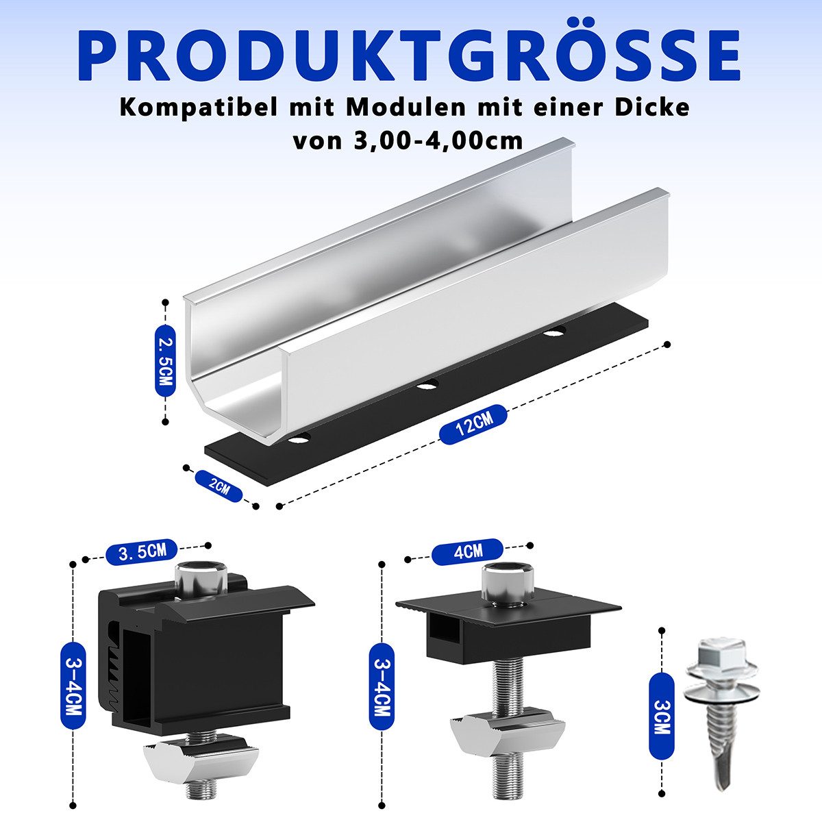Rhein Beleuchtung Solarmodul-Halterung Balkonkraftwerk Halterung für 4 PV Module – Solarpanel Halterung, (bis 90 Zoll, Set, 10-tlg., 10 Schienen, 30–40 mm, für Balkon, Flachdach & PV-Anlagen, Halterung Balkonkraftwerk, verstellbar, Aluminium, rostfrei)