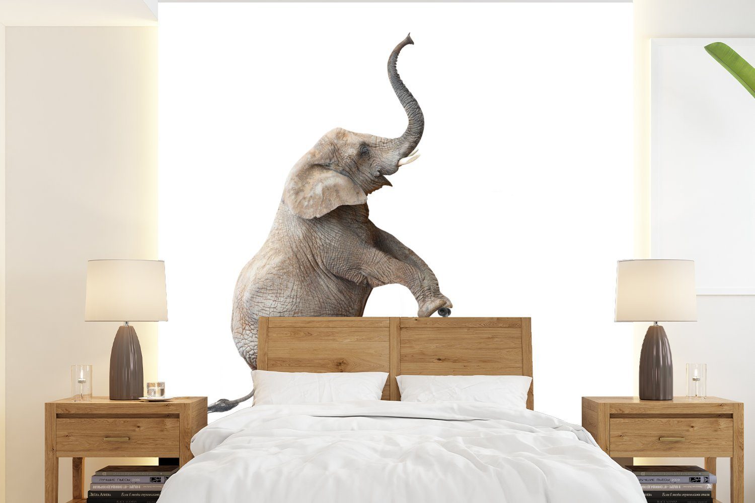 MuchoWow Fototapete Stufe - Elefant - Weiß, Matt, bedruckt, (4 St), Vliestapete für Wohnzimmer Schlafzimmer Küche, Fototapete | Fototapeten
