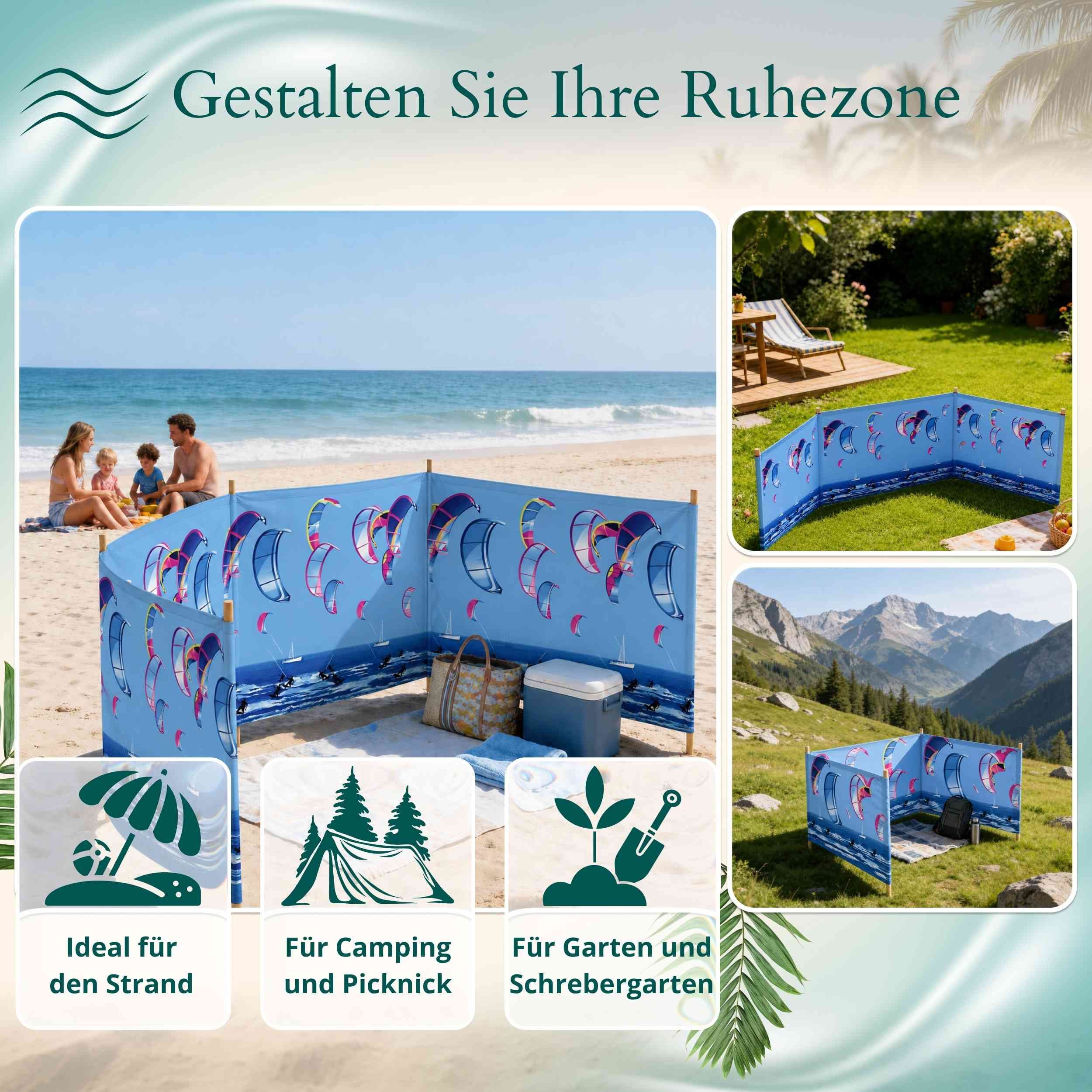 Lantigo Windschutz Sichtschutz Sonnenschutz Strandparavent aus Mikrofaser – portabel, (Kitesurfing, Länge: 4 m), - Faltbarer Sonnenschutz für Strand, Camping &  – Bild 5 von 5