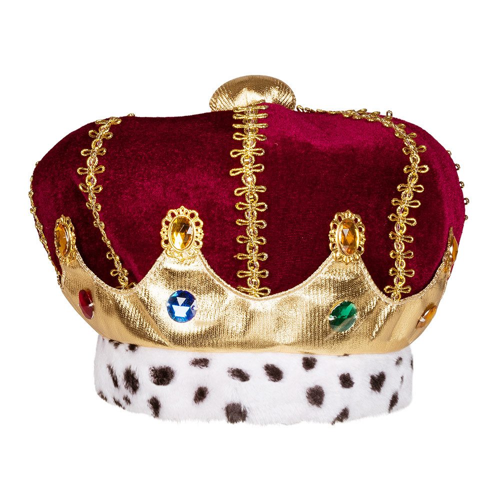 Boland König-Kostüm Hut Majestät Königskrone aus Plüsch in Rot-Gold für Karneval Fasching, mit goldfarbenen Applikationen, Fell & bunten Schmucksteinen verziert