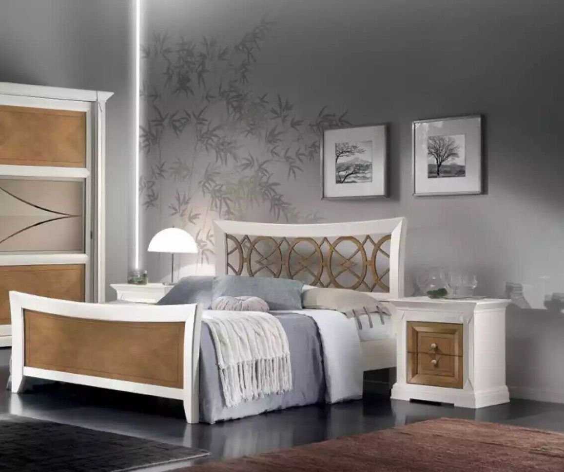 JVmoebel Schlafzimmer-Set Klassisch Schlafzimmer Möbel Bett Massivholz 2x Nachttische Holz, (3-St., Bett + 2x Nachttische), Made in Italy