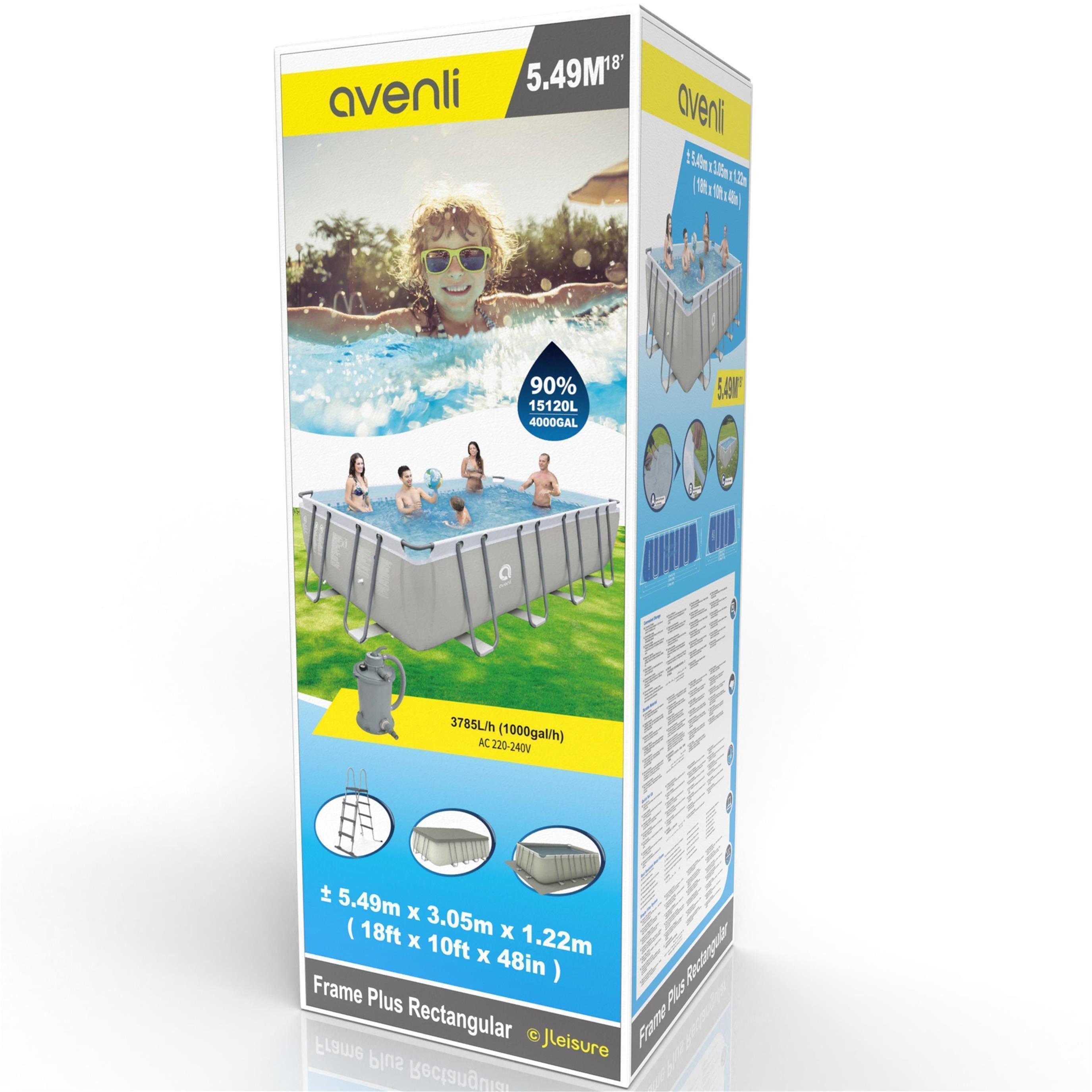 Avenli Framepool Frame Plus Rectangular Pool 549x305x122 cm (Stahlrahmenpool Komplettset mit Sandfilter, Mit Zubehör), Inklusive Sandfilteranlage, Schläuchen und Leiter