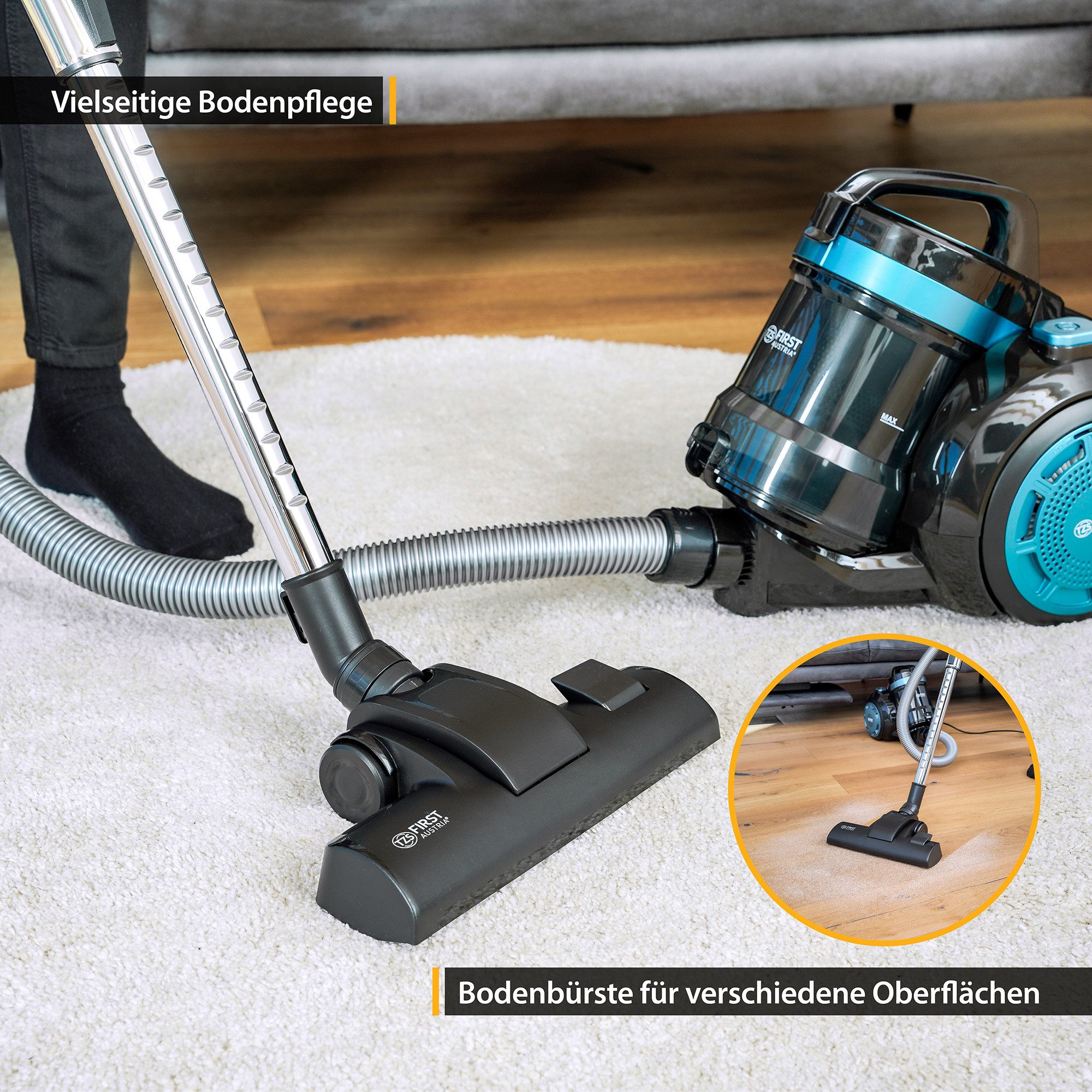 TZS FIRST AUSTRIA Bodenstaubsauger, 800 W, Beutellos, Sauger für Hart- und Teppichböden, 4,8m Kabellänge
