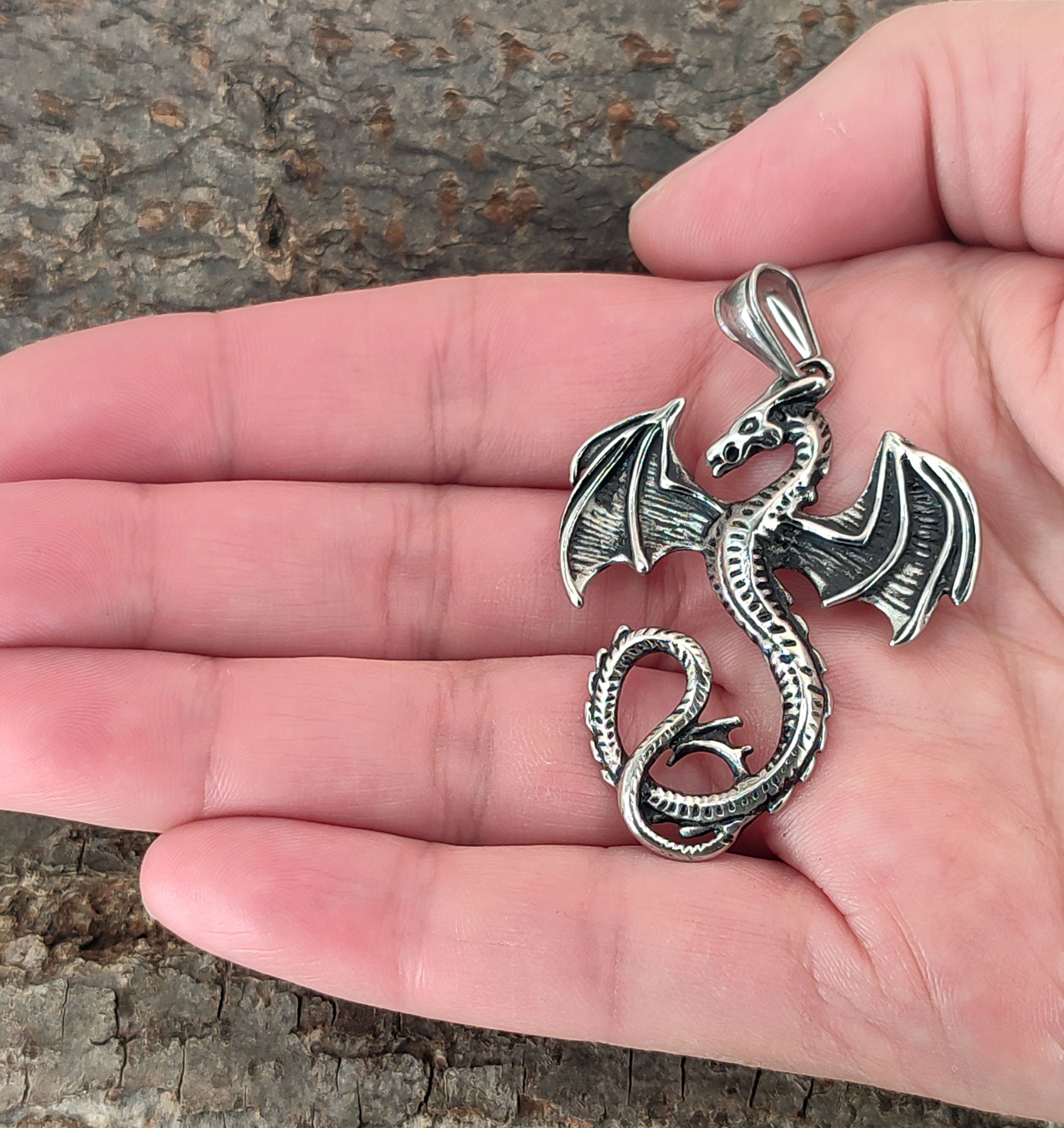 Kiss of Leather Kettenanhänger großer Drachen aus Edelstahl Drache Dragon