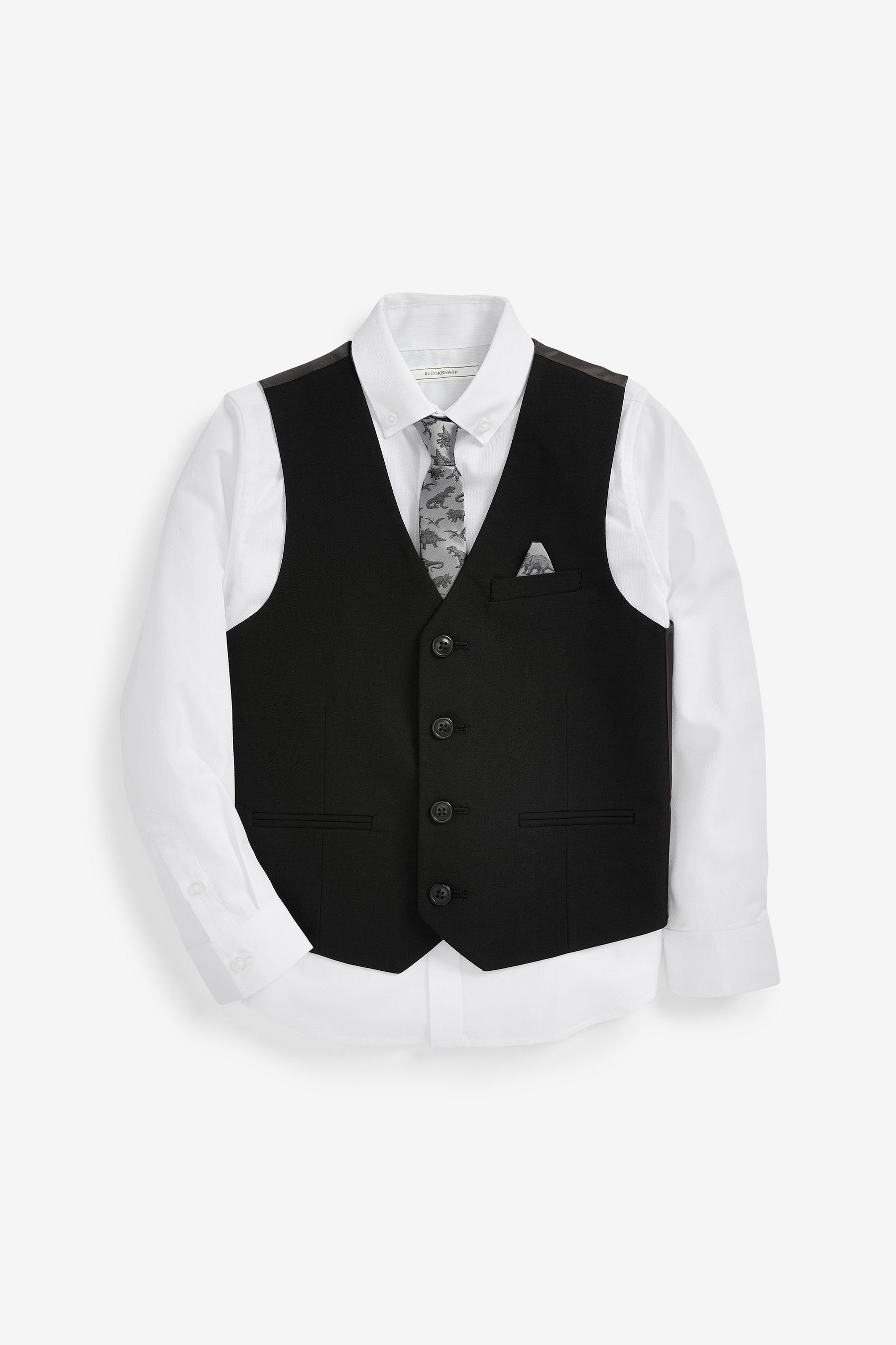 Next Anzugweste Weste (3-tlg) Black Waistcoat, Shirt & Character Tie Set