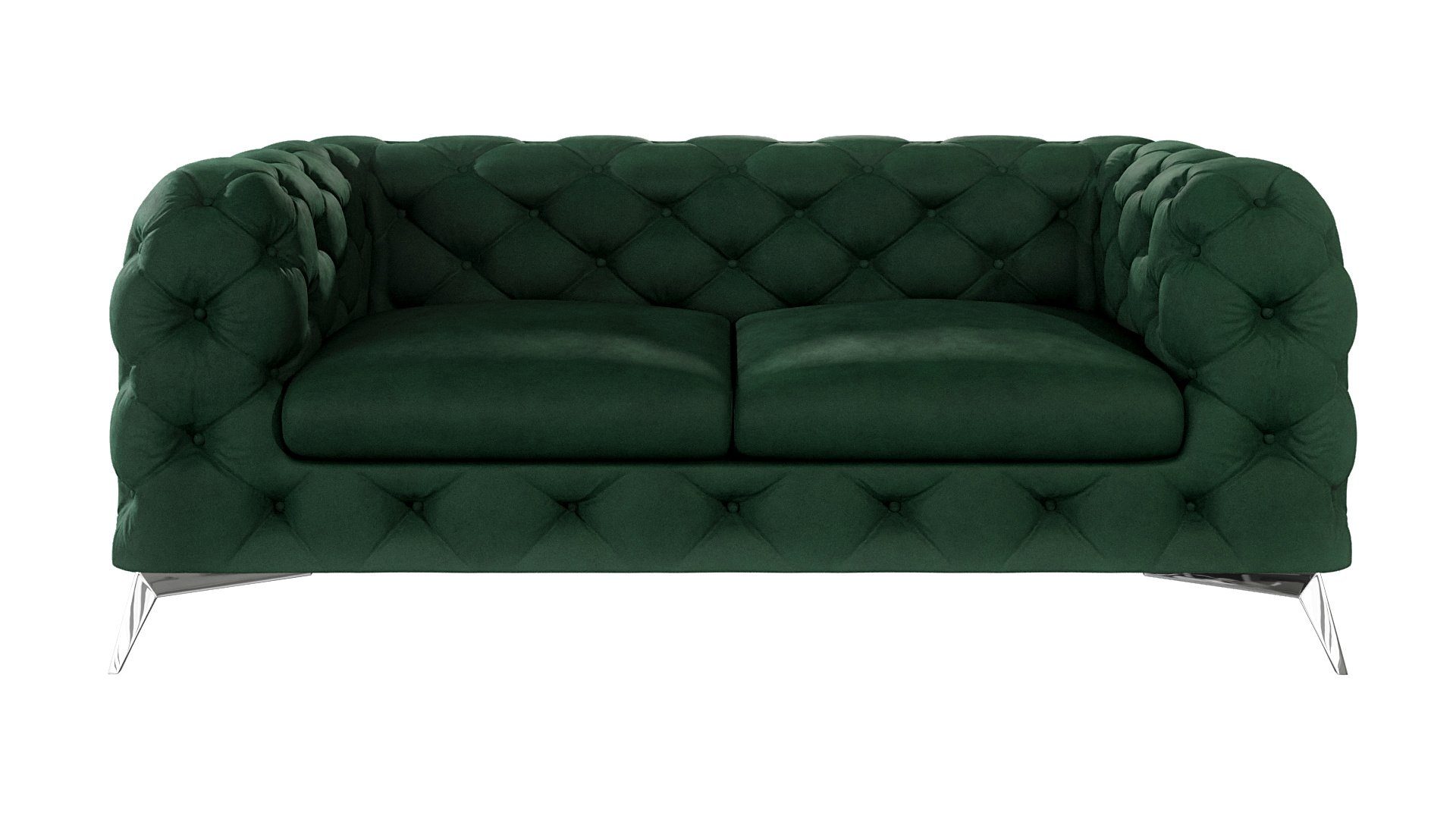 mit Sofa S-Style Füßen, Wellenfederung Chesterfield 2-Sitzer Grün Flasche Kalina mit Möbel Silber Metall