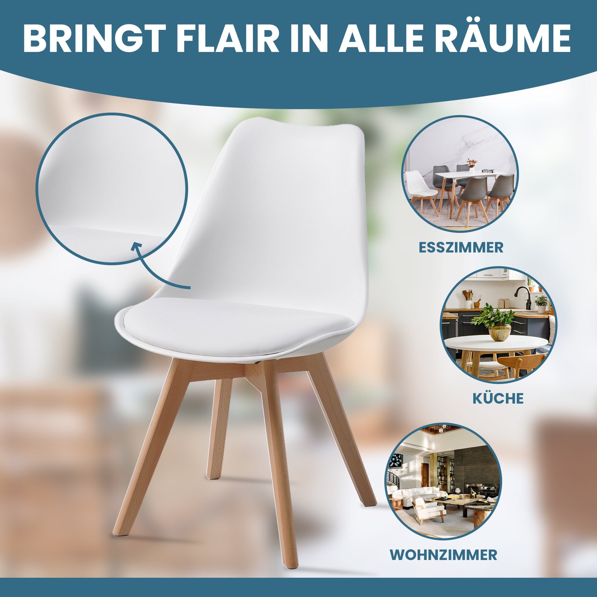 Albatros International Esszimmerstuhl Esszimmer Stühle 4 er Set AARHUS, Stuhl Stühle Esszimmerstühle (4er Set Weiß Buche), Buche Massiv-Holz, Esszimmerstuhl Küc – Bild 4 von 5