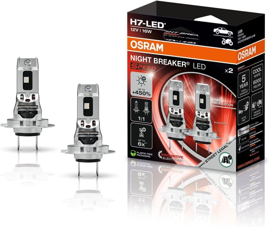 Osram KFZ-Ersatzleuchte OSRAM NIGHT BREAKER LED SPEED H7 450, H7, PX26d, 2 St., Cool White, Kaltweiß, Einfache Installation (Plug & Play)