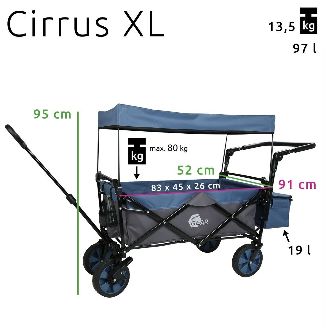 yourGEAR Bollerwagen your GEAR Trolley Cirrus XL Bollerwagen Dach Bremsen Kühltasche 80 kg