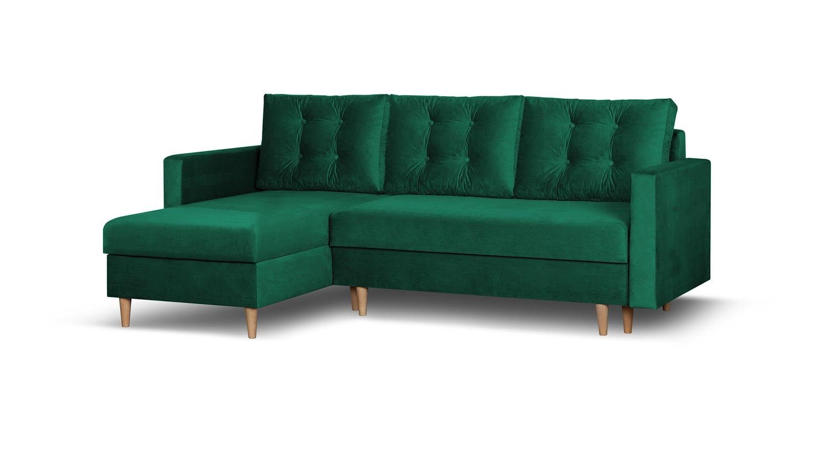 Beautysofa Ecksofa Sigurd, 226 cm Ecke für Wohnzimmer, im skandinavischen Stil, Polsterecke mit Schlaffunktion und Bettkasten Flasches Grün (kronos 19)