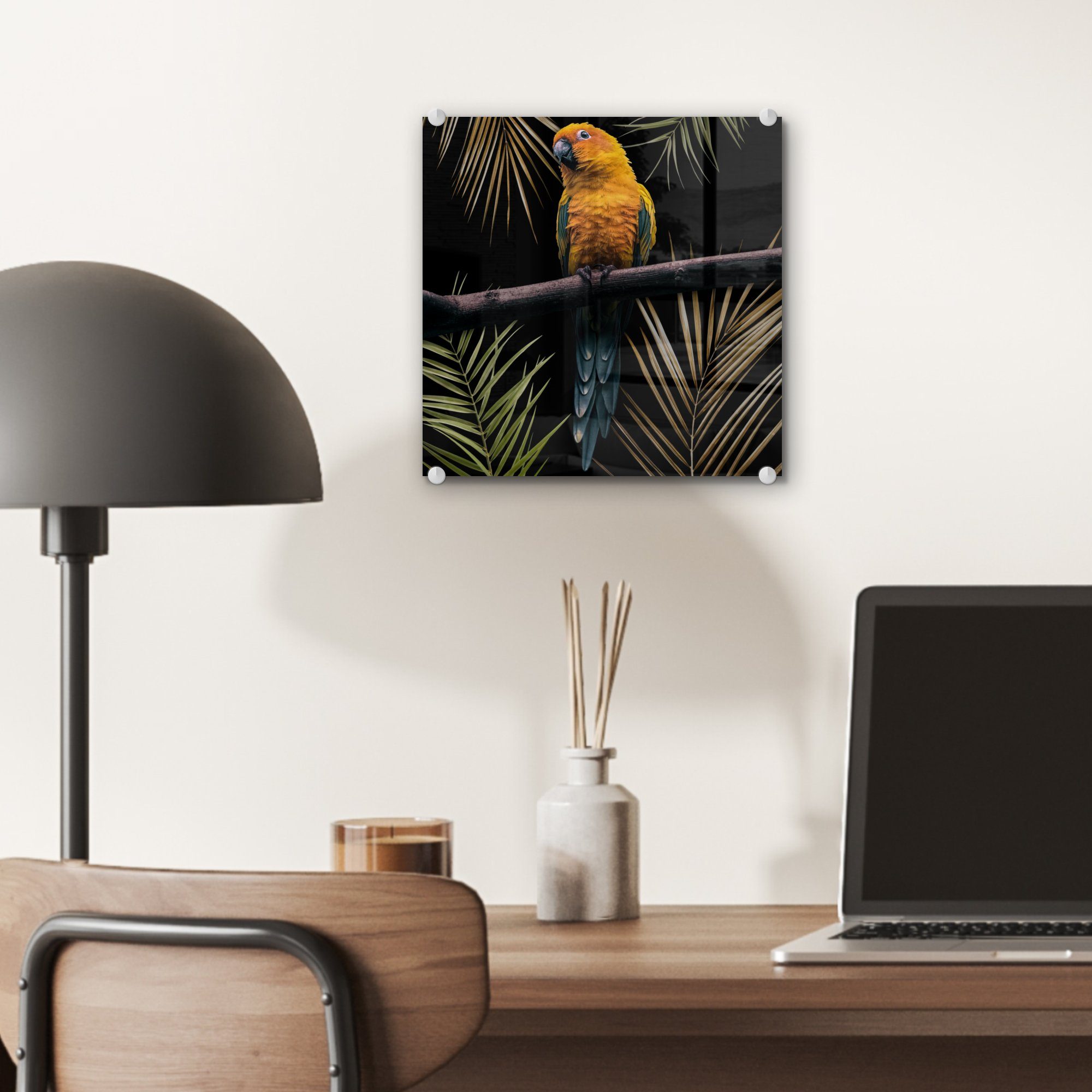 MuchoWow Acrylglasbild - St), - Bilder Foto (1 - Zweig auf Wandbild Papagei - Glasbilder Glas Vogel - Wanddekoration - Glas Blätter, auf