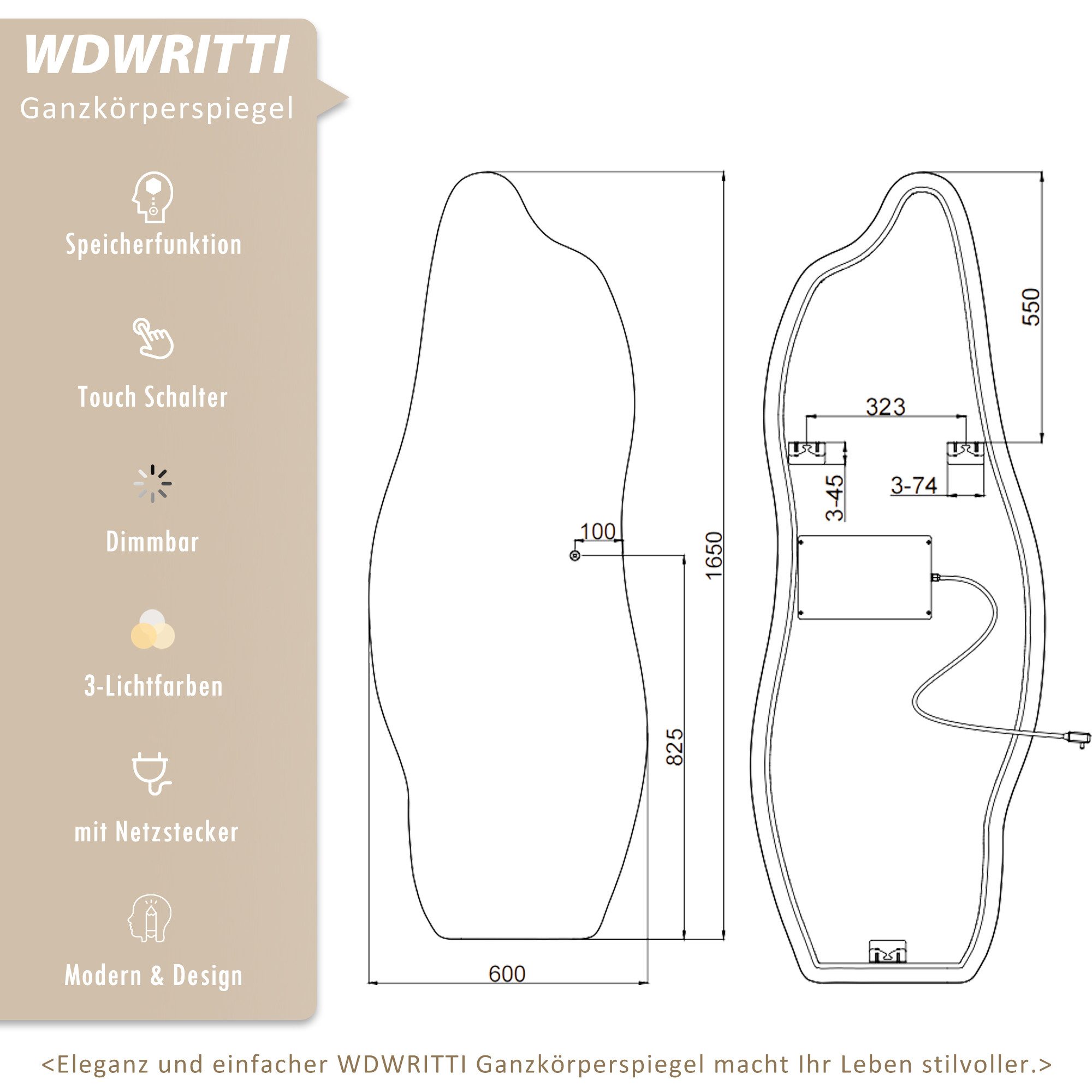 WDWRITTI Ganzkörperspiegel Led 165x60 165x50 150x50 140x40cm Spiegel Wandsp günstig online kaufen