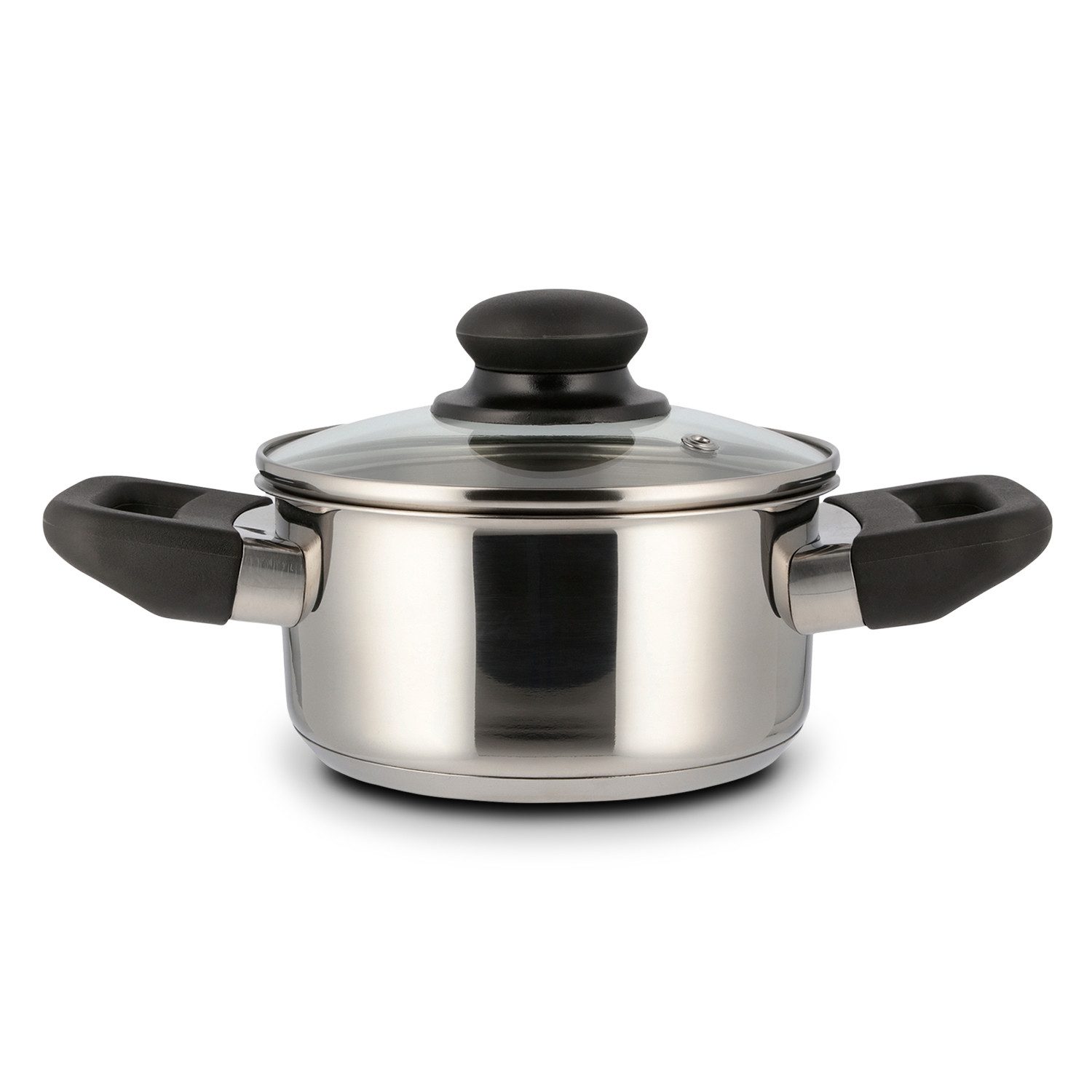 Levelone Kochtopf Fleischtopf 14 cm Durchmesser, inkl. Glasdeckel, Edelstahl, 0,75 Liter Volumen, Innenskala, für alle Herdarten inklusive Induktion