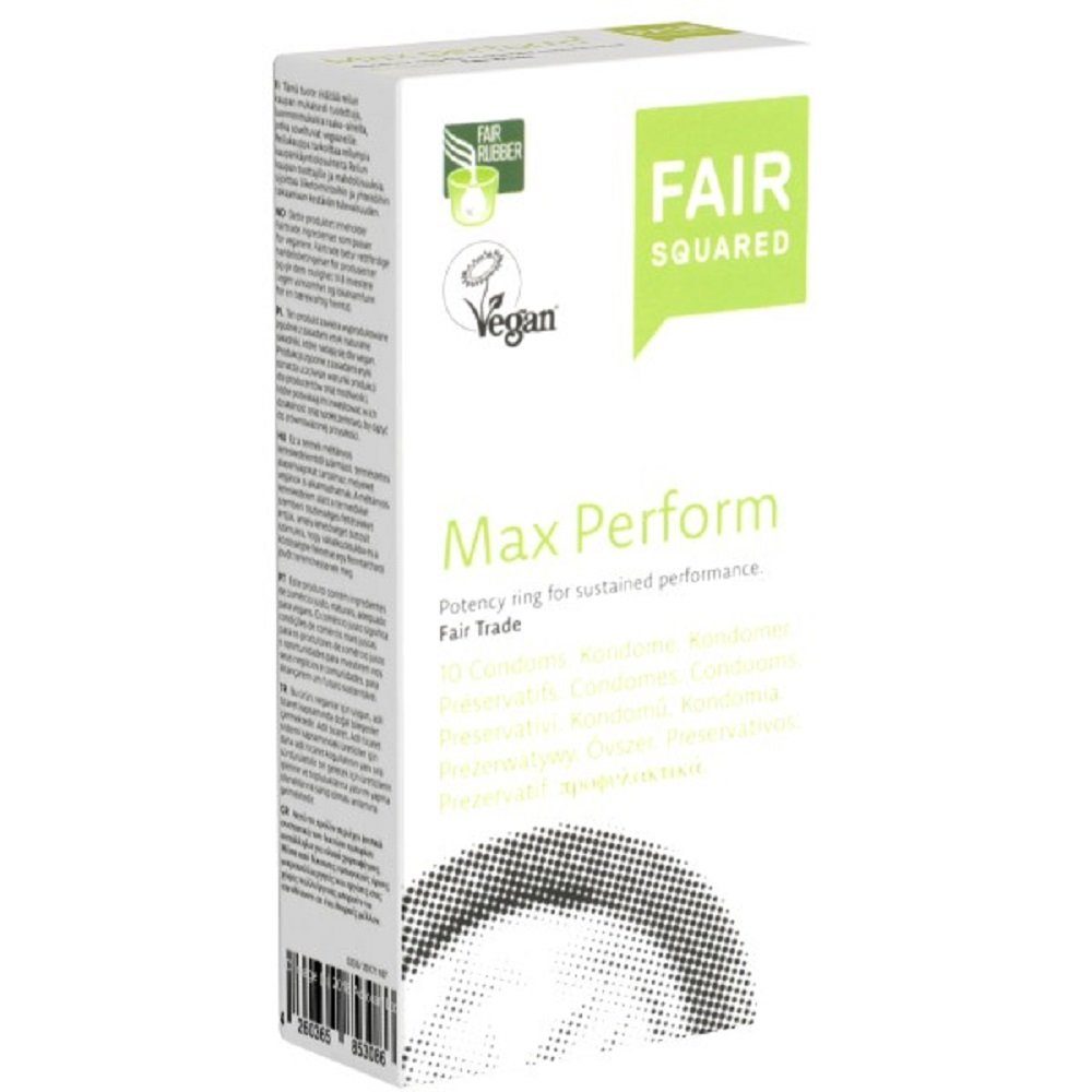 Fair Squared Kondome Max.Perform Packung mit, 10 St., fair gehandelte Performance Kondome, erektionsverstärkende Fair-Trade-Kondome mit Potenzring