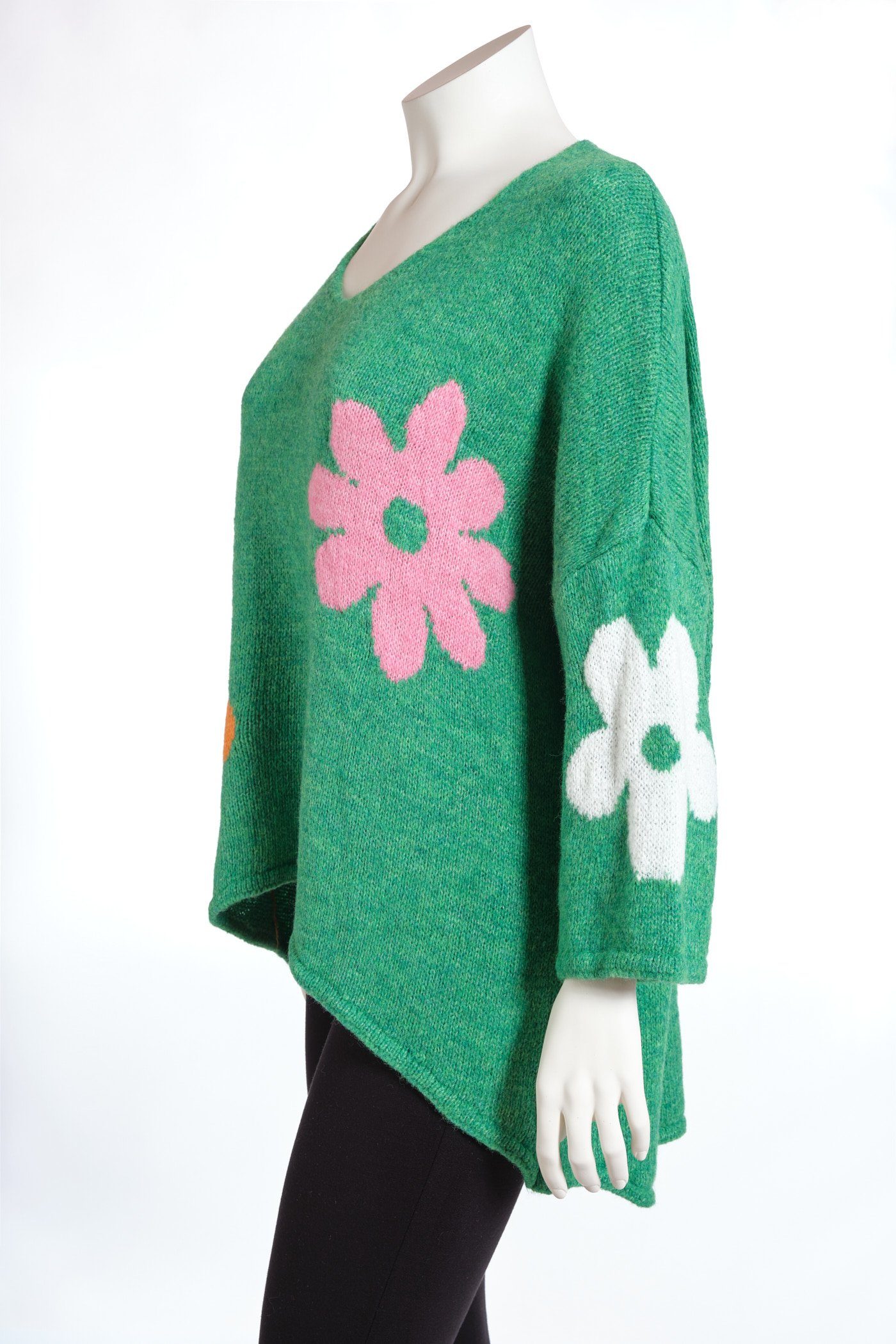 PEKIVESSA Strickpullover Oversize Blumenstickerei mit (1-tlg) smaragdgrün V-Ausschnitt Pullover und