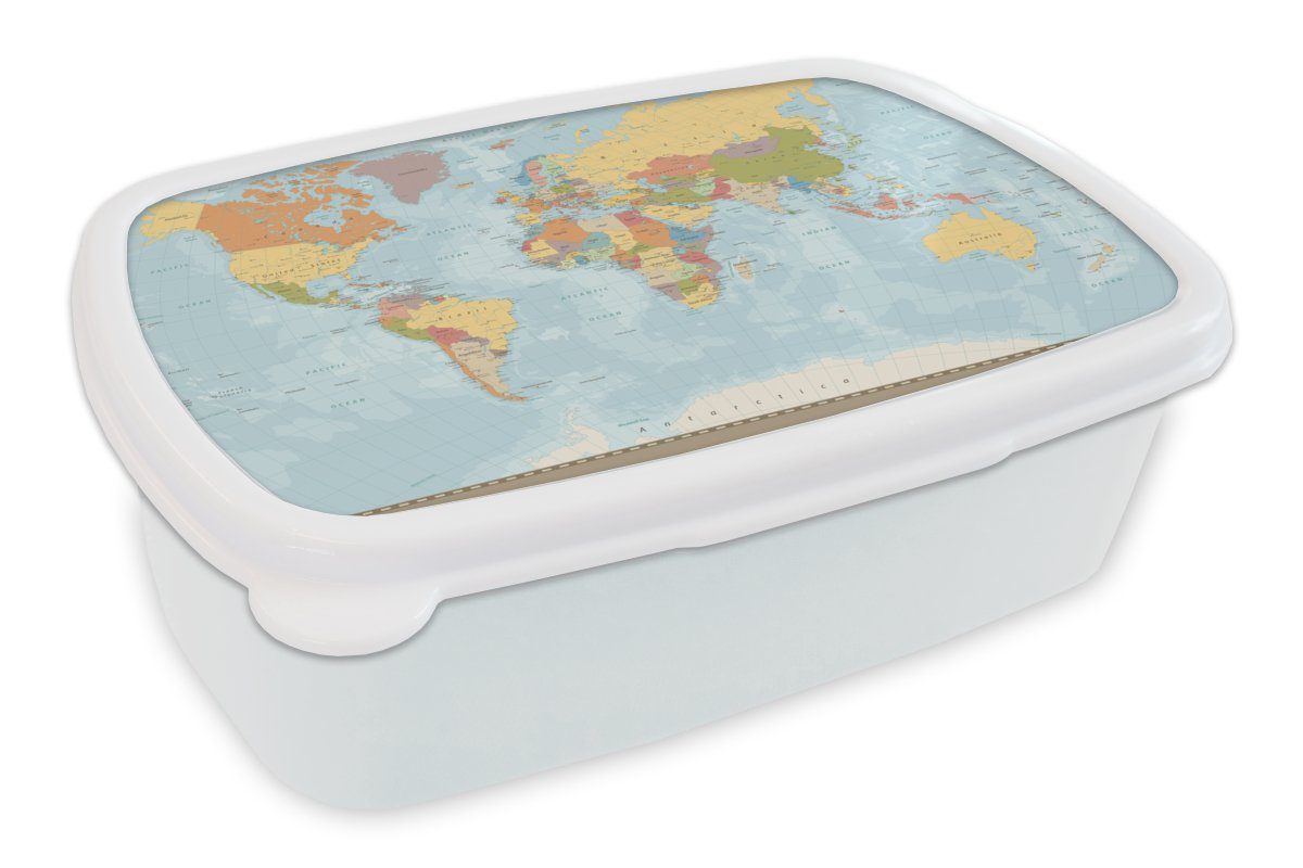 Kunststoff, für Atlas, Brotdose, Lunchbox Farben - für Kinder und Jungs (2-tlg), Erwachsene, Weltkarte Mädchen Brotbox und MuchoWow - weiß