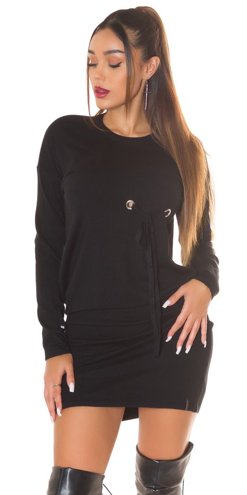 Pulloverkleid schwarz Ösen mit Koucla Sweatkleid Minikleid