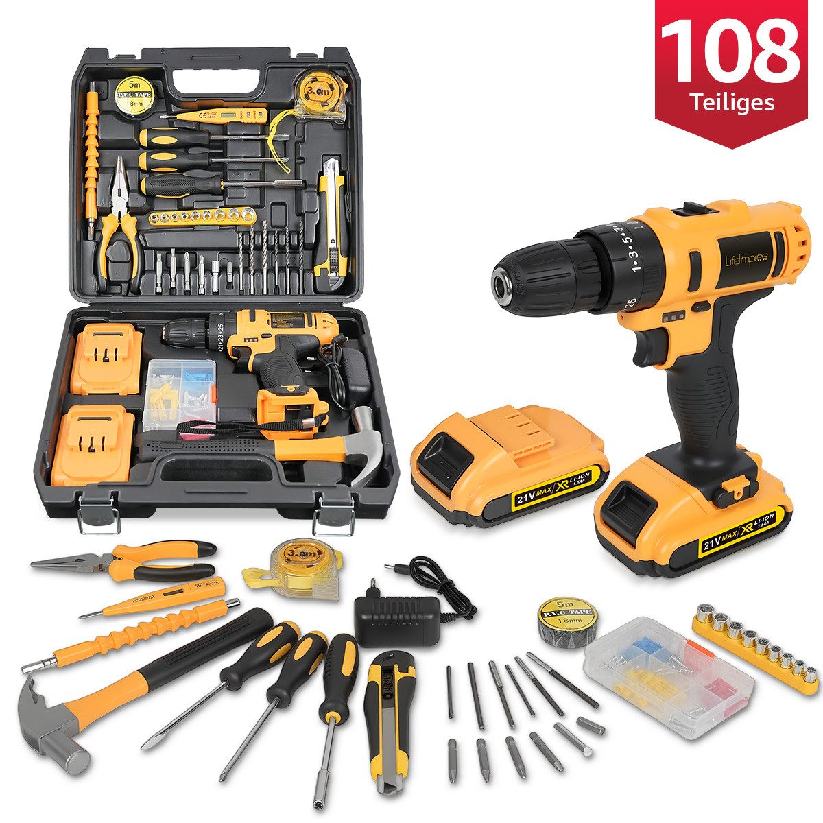 LifeImpree Akku-Bohrschrauber 21V Аккумуляторные шуруповёрты Set, Akkubohrer mit 108PCS Инструментkoffer, max. 1850 U/min, 45 N.m Max, mit 2 x 1500mAh Akkus, 2 Gang, 25+3 Drehmomentstufen