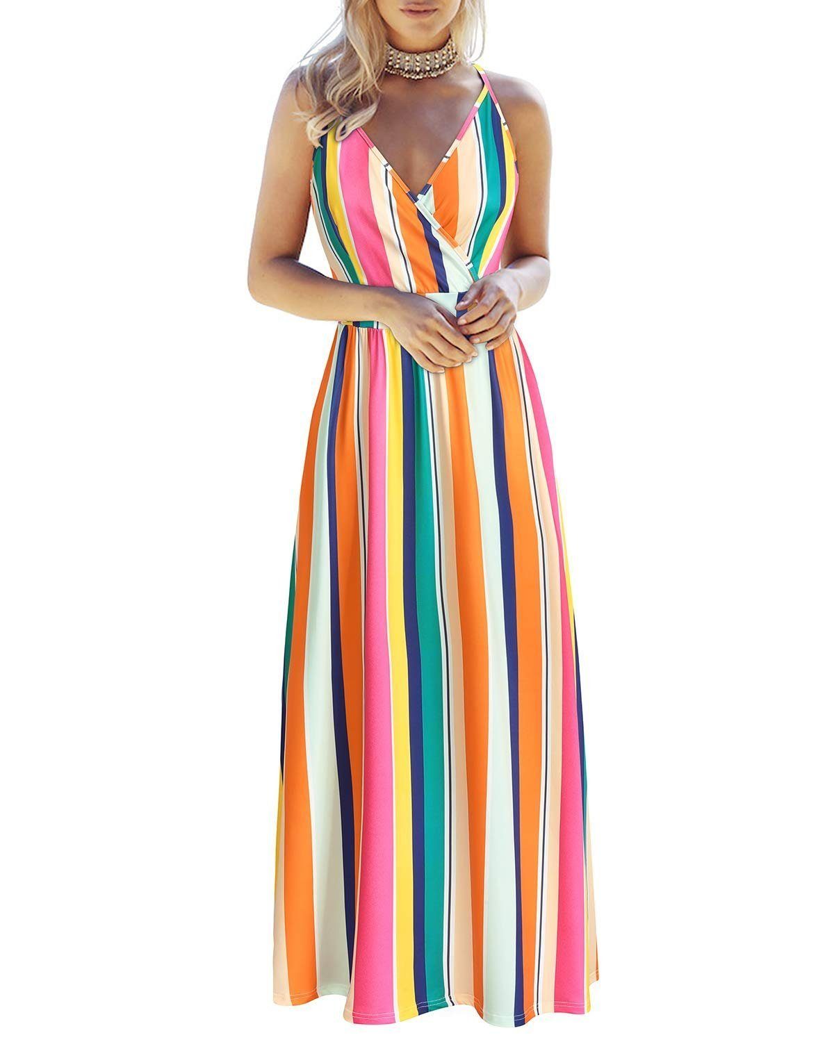 G4Free Sommerkleid OTGFOE442 Sommerkleid, lange Maxikleider für Damen, V-Ausschnitt, ärmellos, Strandkleid mit Taschen Modell-1