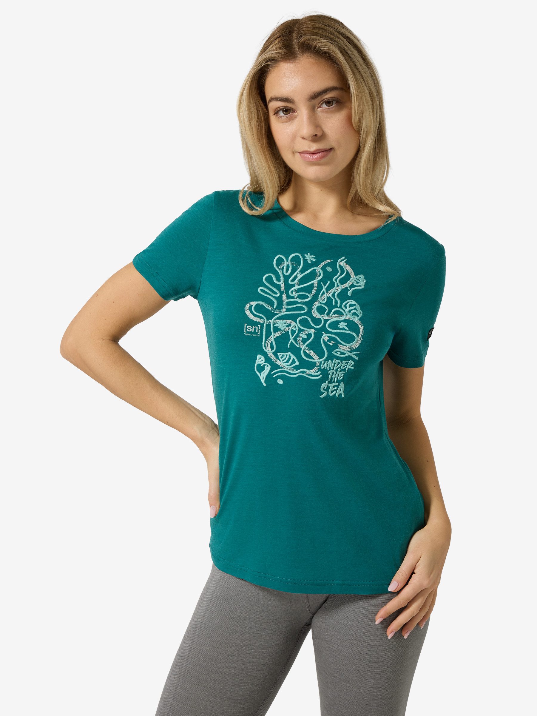 SUPER.NATURAL T-Shirt für Damen,Merino W UNDER THE SEA TEE mit Sommer-Motiv, atmungsaktiv
