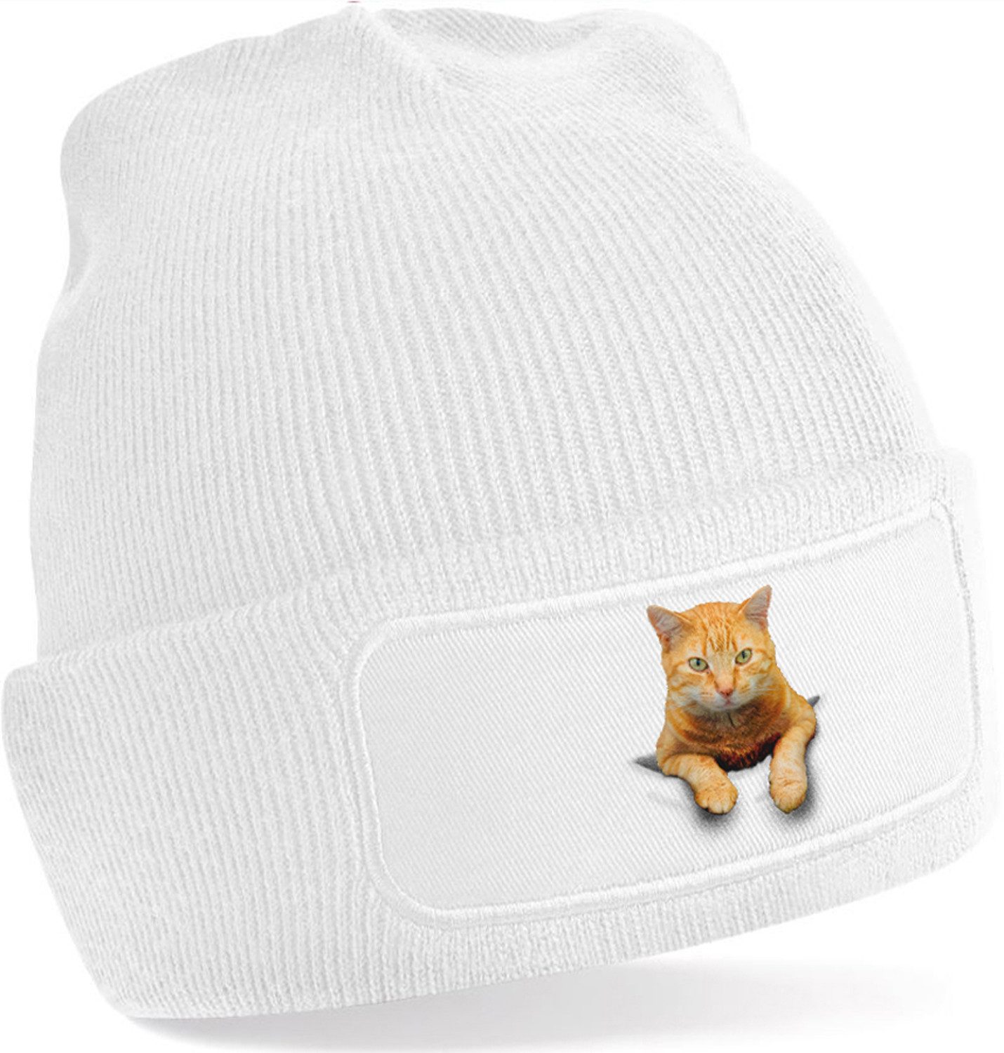 Strickmütze für kalte Tage - Beanie mit Umschlag und stylischem Katzen Print