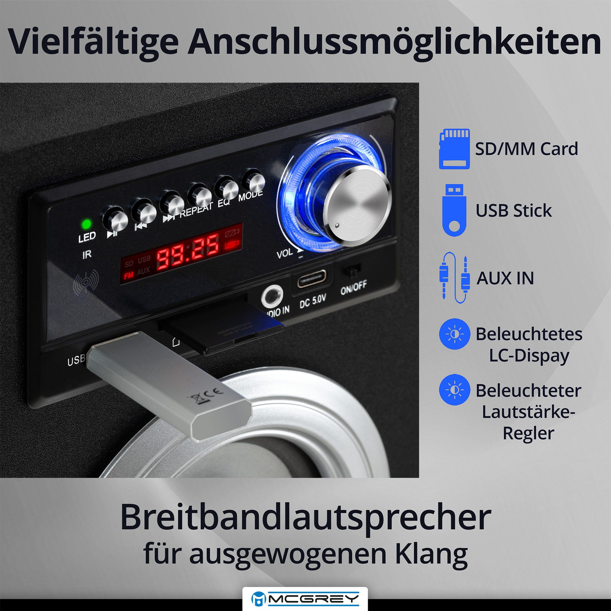 McGrey Tragbarer Speaker für vielseitigen Einsatz inklusive Fernbedienung - Bluetooth-Lautsprecher (6 W, FM-Radio mit 30 speicherbaren Senderplätzen integriert)
