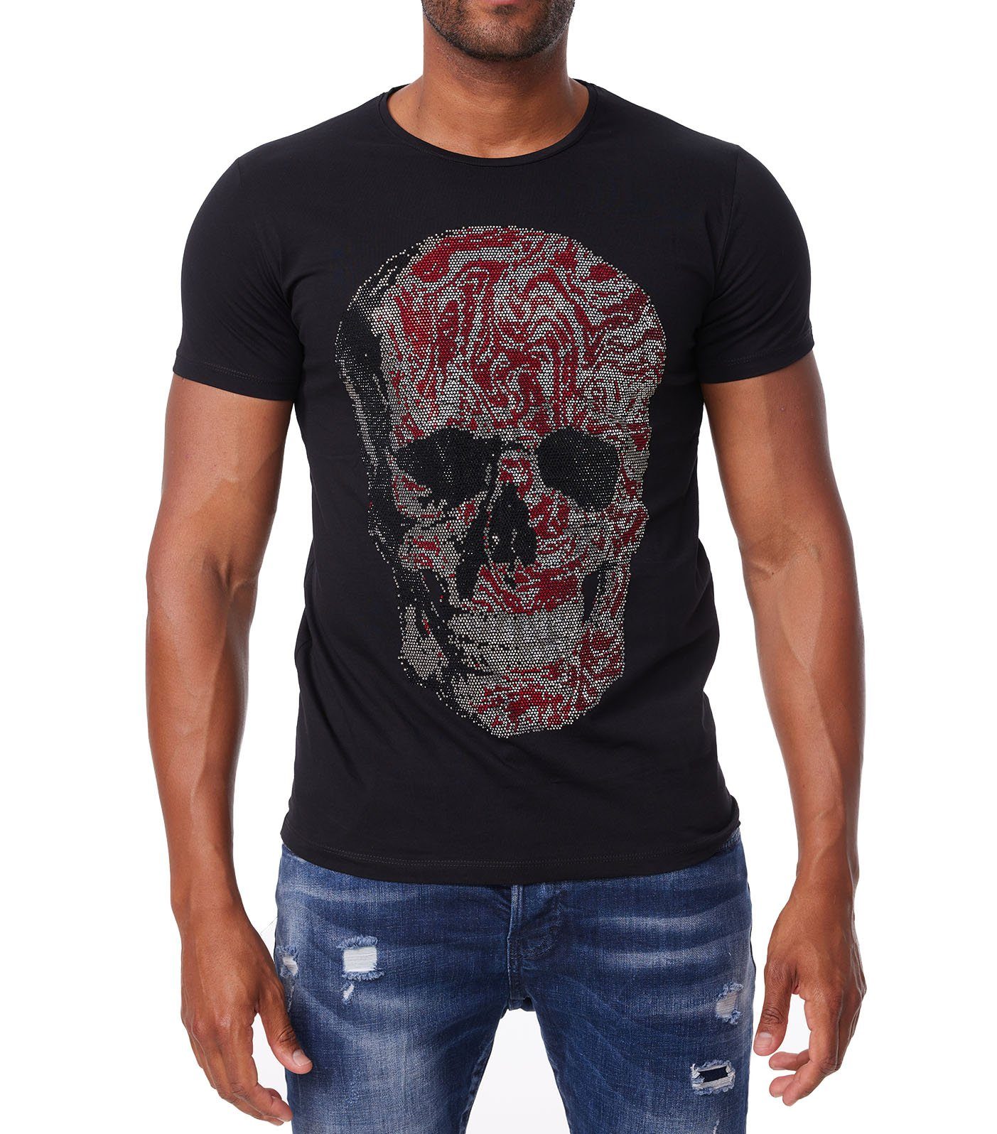 TRUENO Sommer T-Shirt Strass DH-T16 Herren mit Shirt Slim-Fit Totenkopf T-Shirt