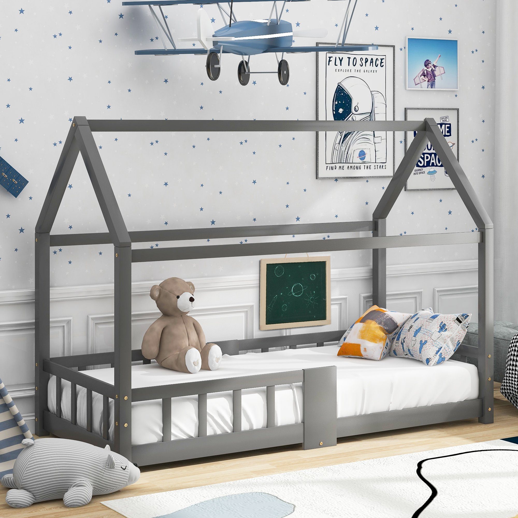 Merax Kinderbett 90x200 cm mit Rausfallschutz, Hausbett mit Einzelbett Holz Grau | Babybetten