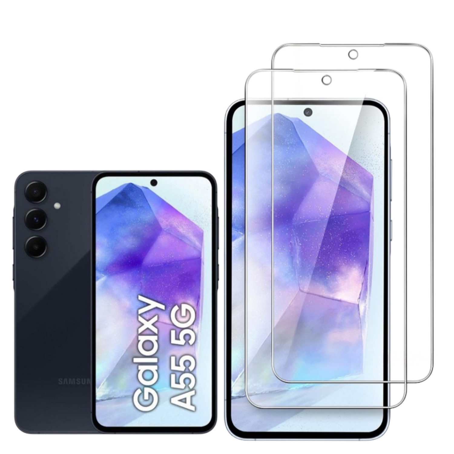 CLM-Tech Displayschutzglas 2x Schutzfolie für Samsung Galaxy A55 5G Panzerfolie kristallklar für Samsung Galaxy A55 5G, Galaxy A55 5G Panzerglas Folie - Anti-Fingerabdruck und kratzfest -, 2 Stück, Unterstützt Fingerabdruck-ID