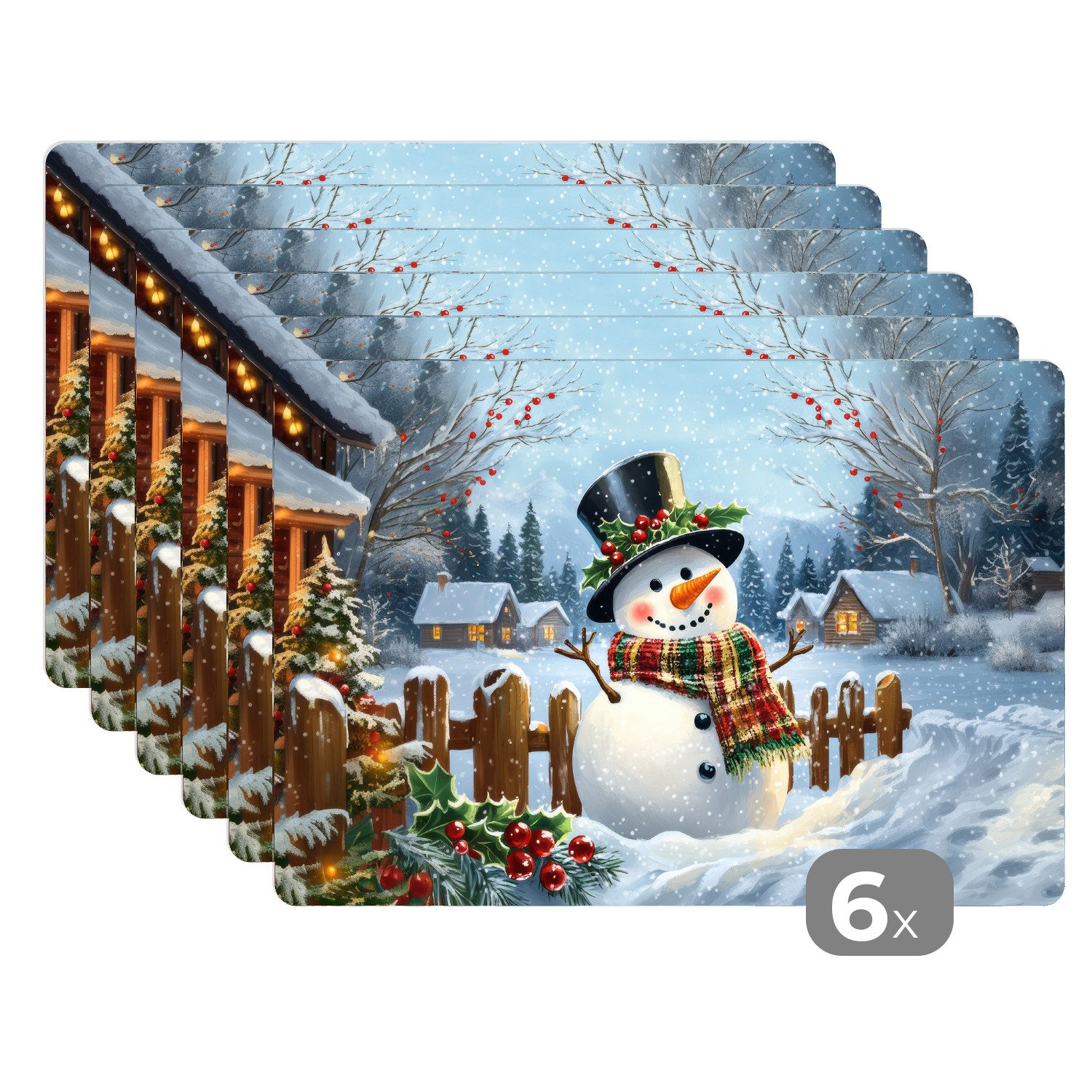 MuchoWow Platzset Schneemann - Winterdorf - Farbenfroh, (6-St), Platzsets, günstig online kaufen