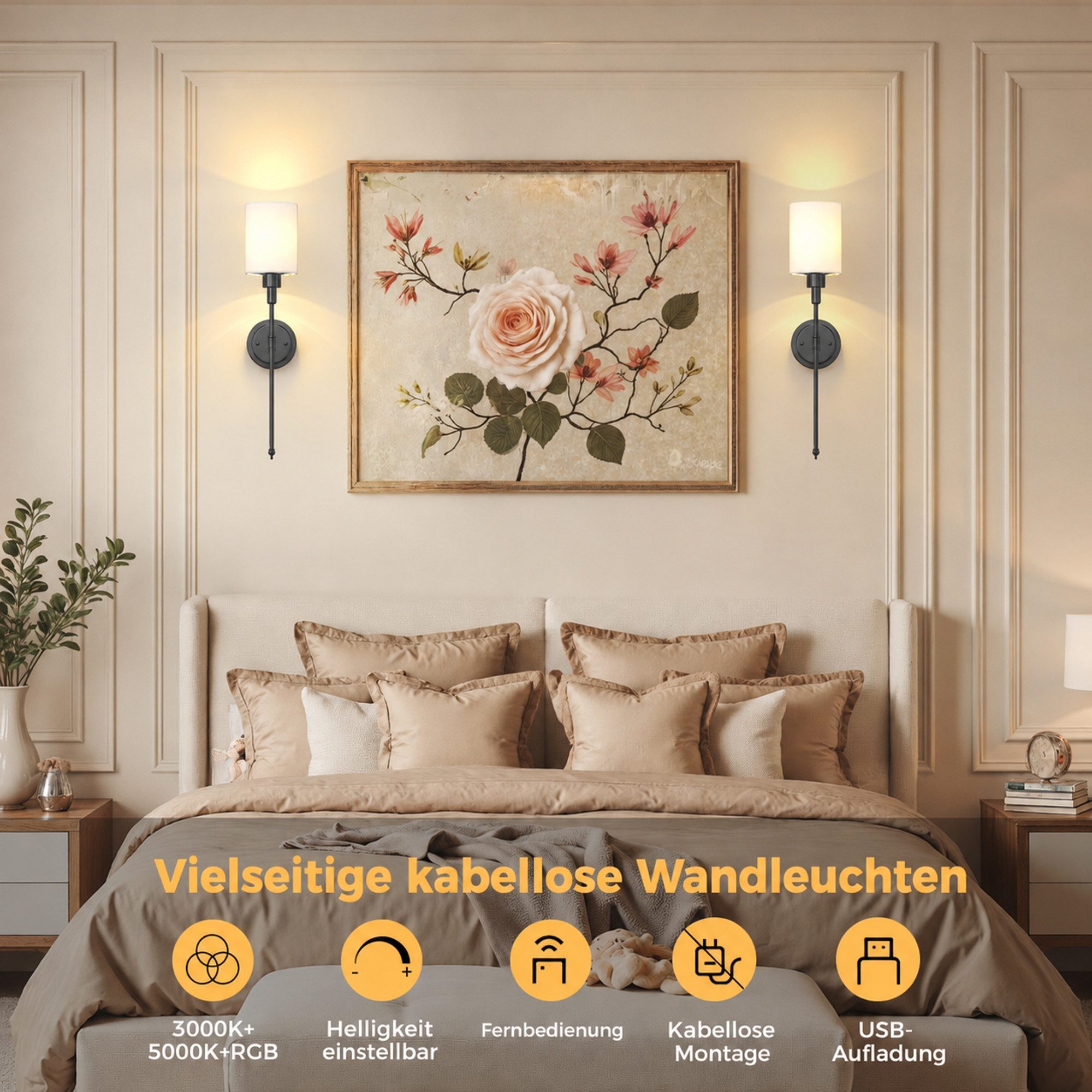 LOHAS-LED Wandleuchte 2er-Set Kabellose Stoff-Wandleuchten mit Akku, 3600 mAh, LED wechselbar, warmweiß bis kaltweiß + bunte Farben, RGBCW dimmbar, IR-Fernbedienung, E26 Sockel