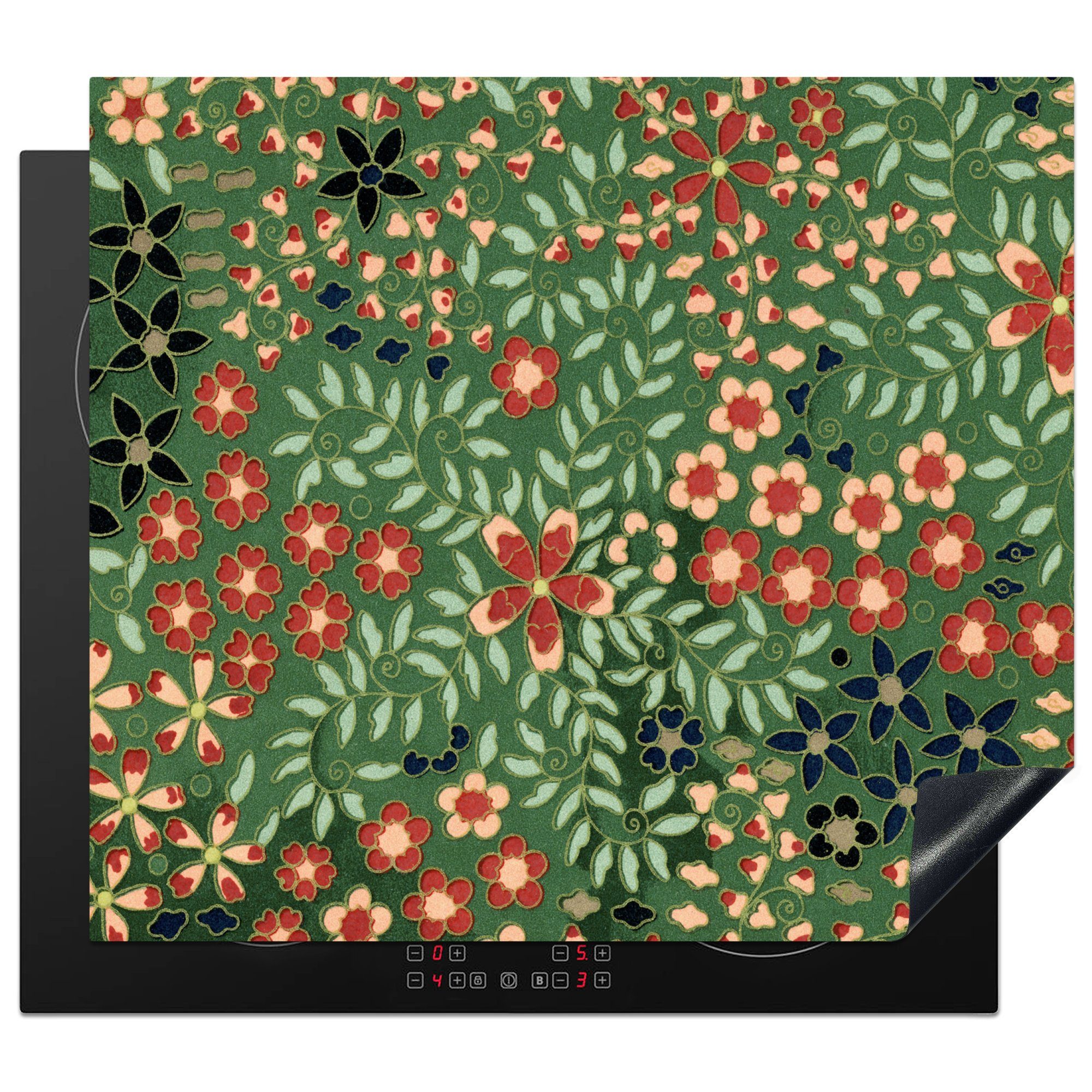 MuchoWow Herdblende-/Abdeckplatte Blumen - - tlg), - - Weihnachten Arbeitsfläche (1 Grün Feiertage, Vinyl, Ceranfeldabdeckung 60x52 Mobile nutzbar, Rot cm