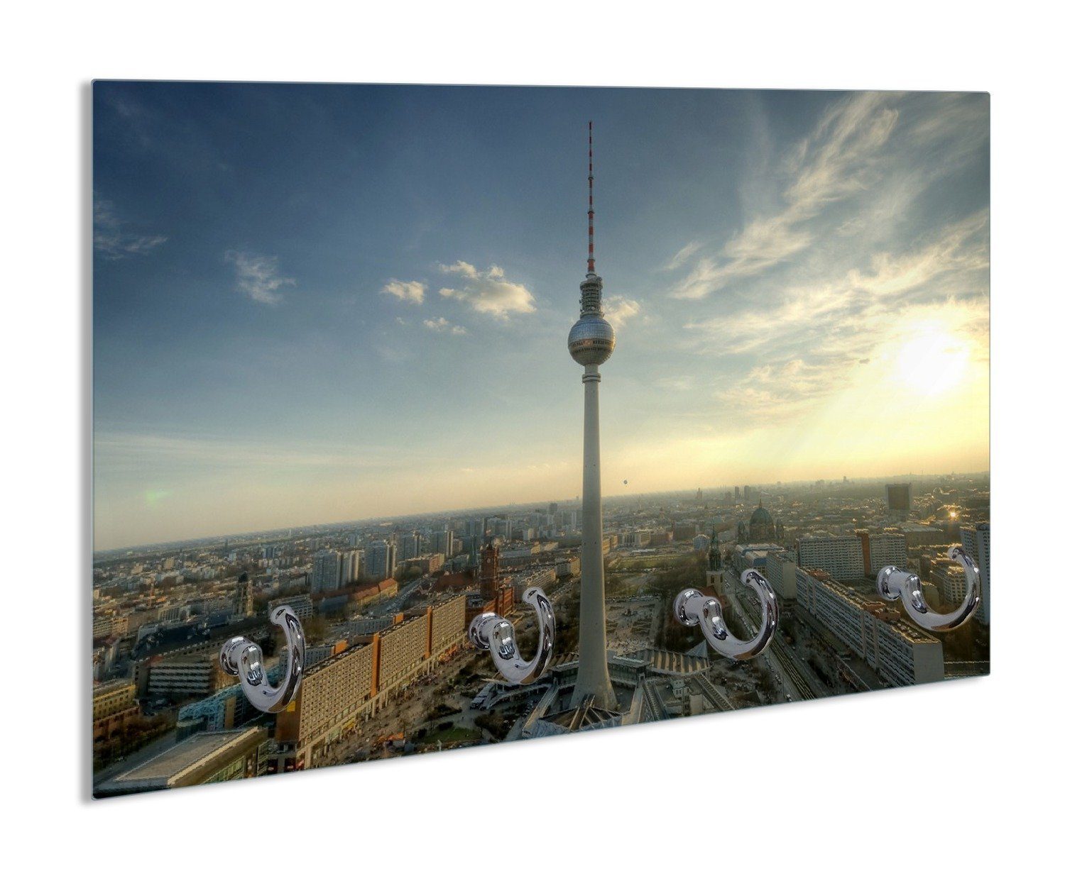 Wallario Полотенцесушители Fernsehturm Berlin mit Panoramablick über die Stadt, aus Glas mit 4 Metallhaken