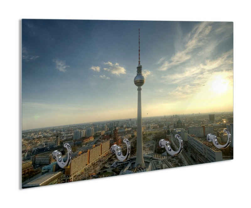 Wallario Handtuchhalter Fernsehturm Berlin mit Panoramablick über die Stadt, aus Glas mit 4 Metallhaken
