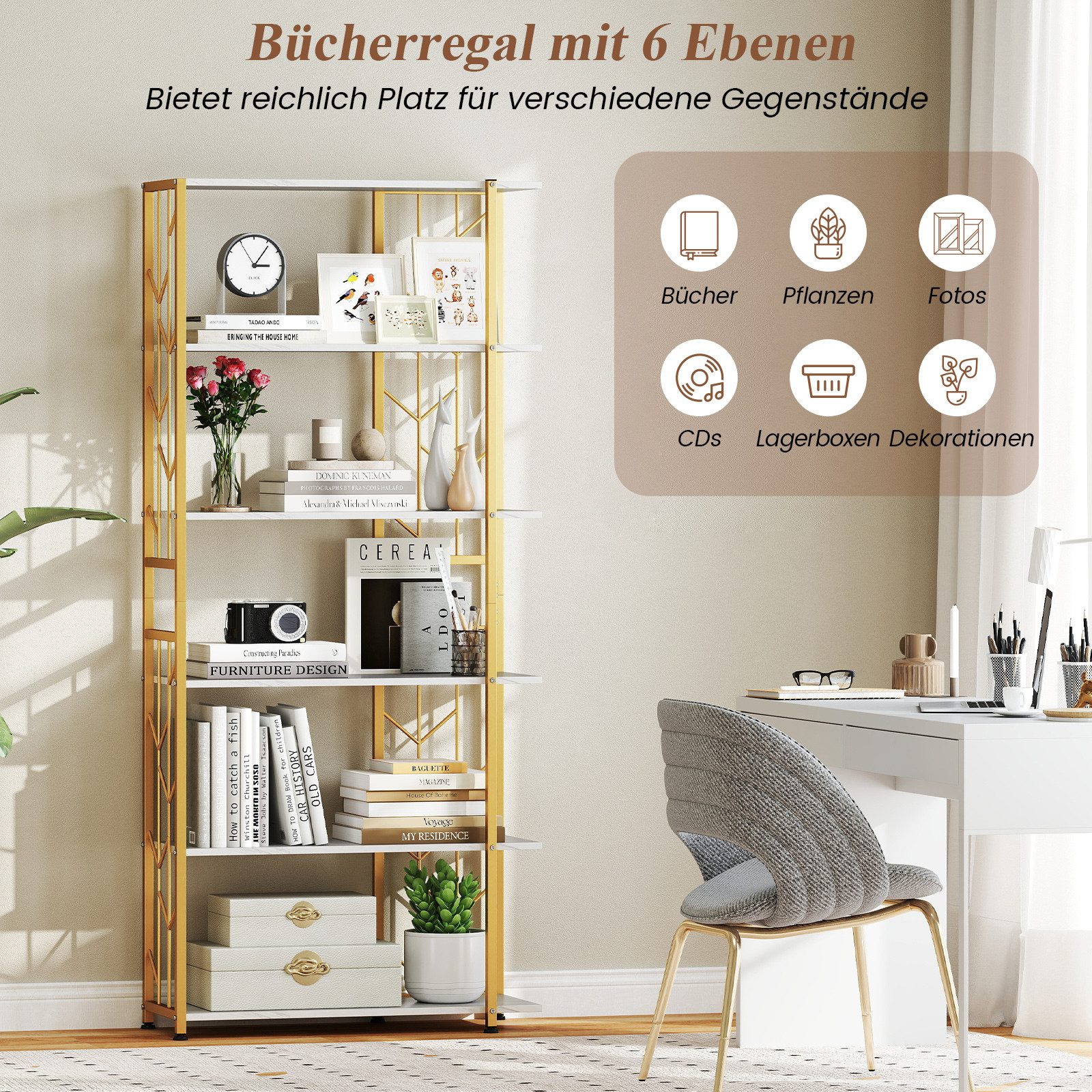 COSTWAY Bücherregal, geometrisches Standregal, 6-stöckig, Metallrahmen