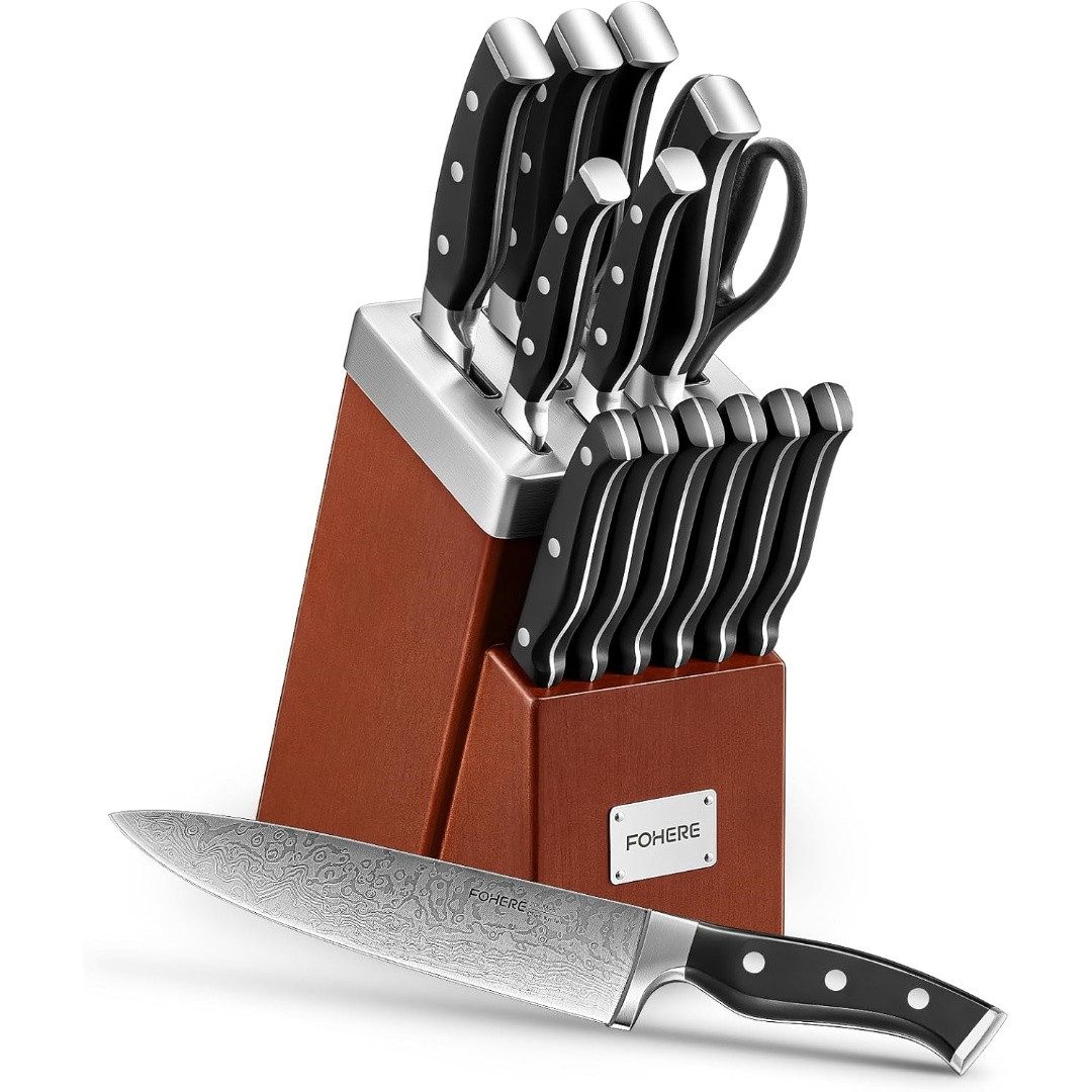 FOHERE Ножи-Set 14-teiliges Ножиset mit integriertem Schärfer und Wellenmuster (Set, 14-tlg), aus hochwertigem rostfreiem Stahl