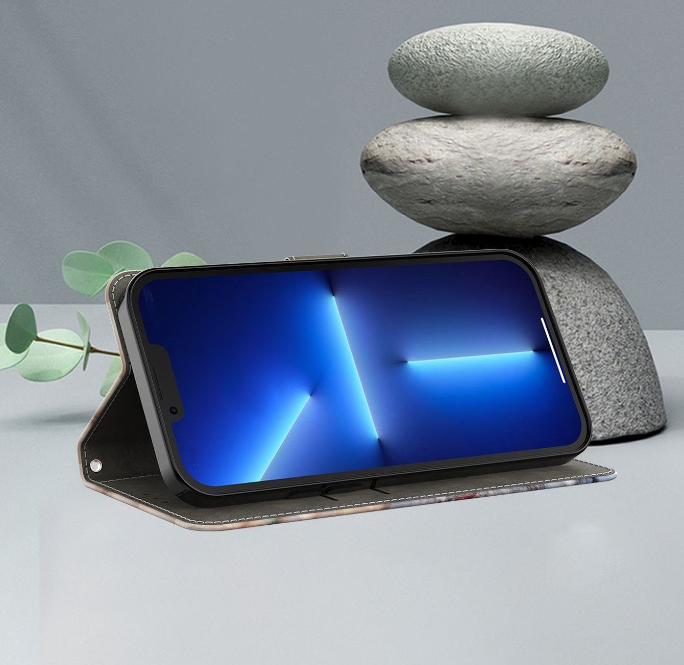 CLM-Tech Handytasche für Google Pixel 9 / 9 Pro Hülle aus Kunstleder Klapphülle (Pflaumenblüte blau, Handyhülle mit Standfunktion - Wallet Flip Case inklusive Kartenfächer), - Cover mit Magnetverschluss - Google Pixel 9 Schutzhülle