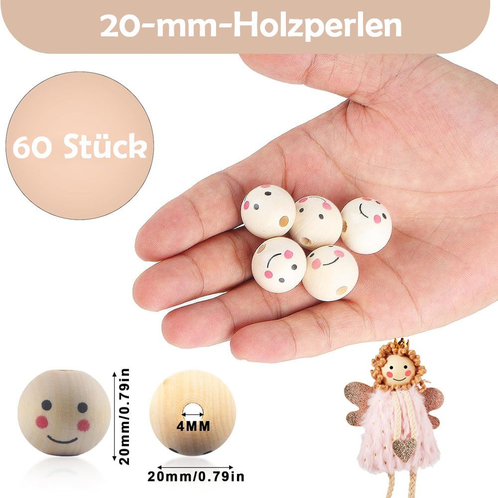 TUWENA Bastelperlen 60 Stück Holzperlen mit Gesicht, 20mm Natürliche Rund Kugel mit Loch, (60-tlg), DIY Holzkugeln Basteln Für DIY Puppenkopf, Schlüsselanhänger, Handwerk