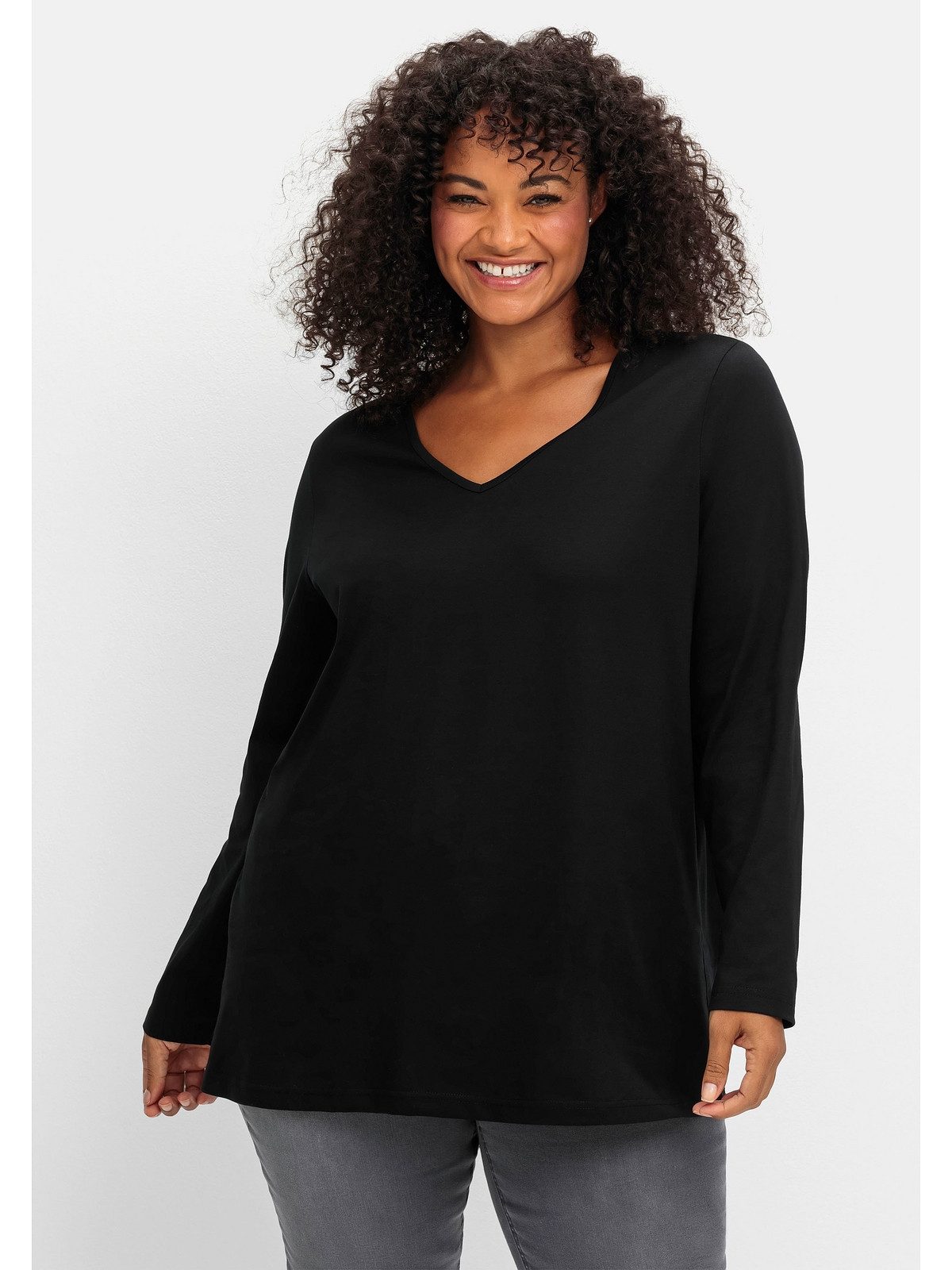 Sheego Langarmshirt Große Größen mit V-Ausschnitt und leichter A-Linie