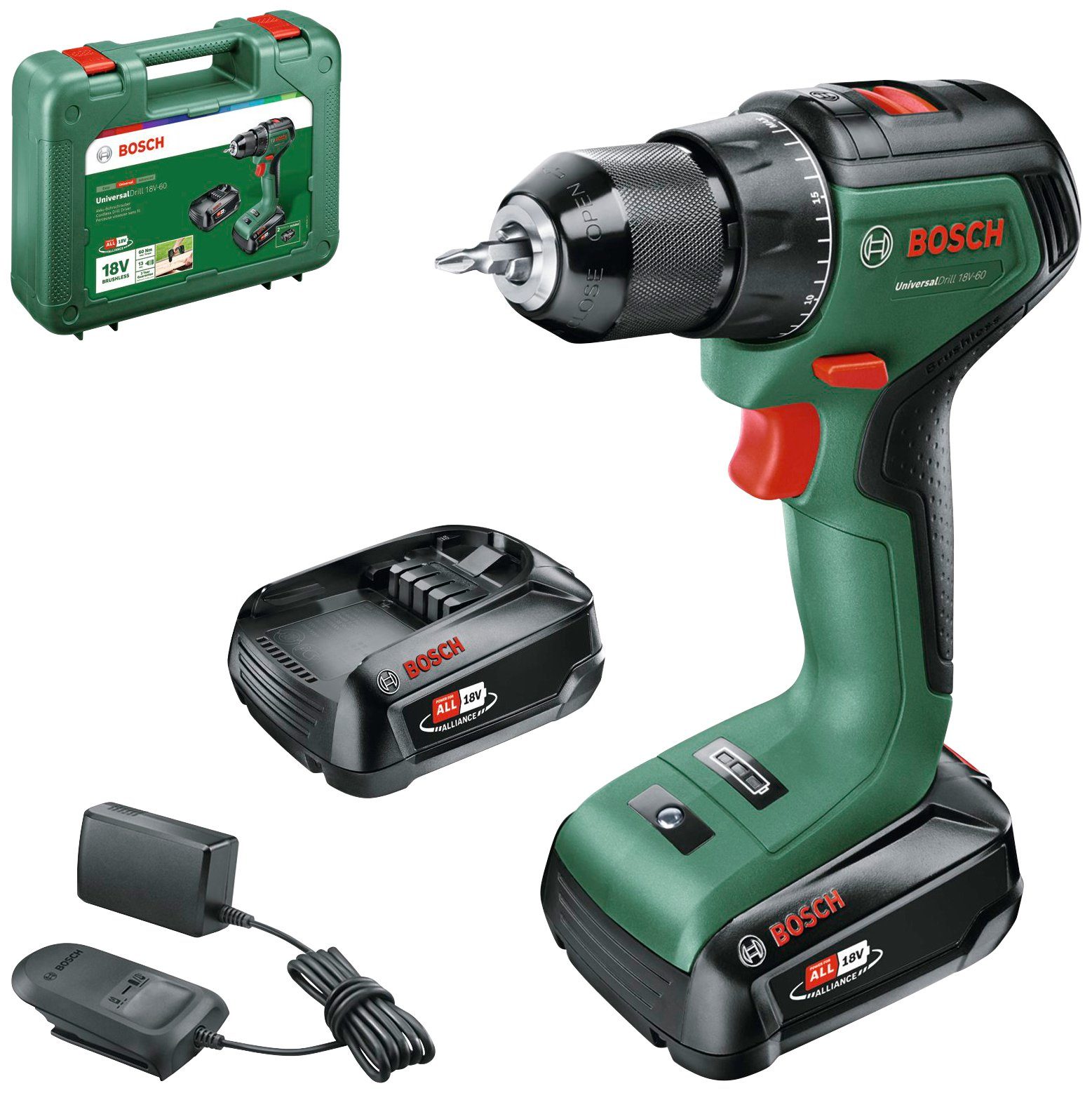 Bosch Home & Garden Akku-Bohrschrauber UniversalDrill 18V-60, Inkl. Koffer, mit 2 Akkus 18V/2Ah und Ladegerät | Akkuschrauber