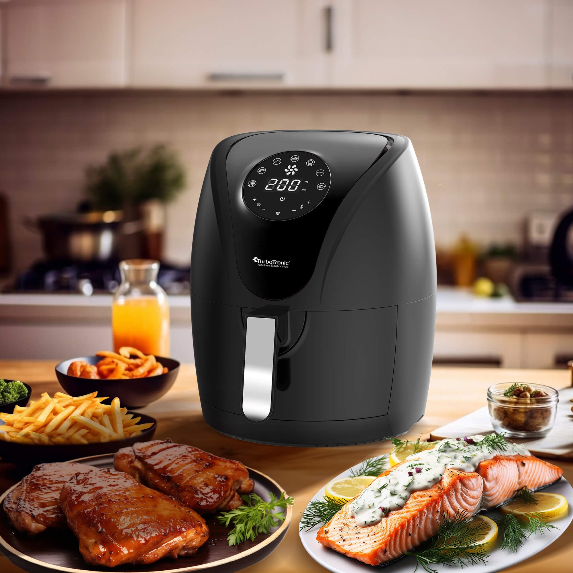 TurboTronic by Z-Line Heißluftfritteuse Airfryer Fritteuse Fettfrei ohne Öl 50°C - 200°C Power perfekte Pommes, 1200 W, Camping Retro digital Air Fryer Heissluftfritteuse