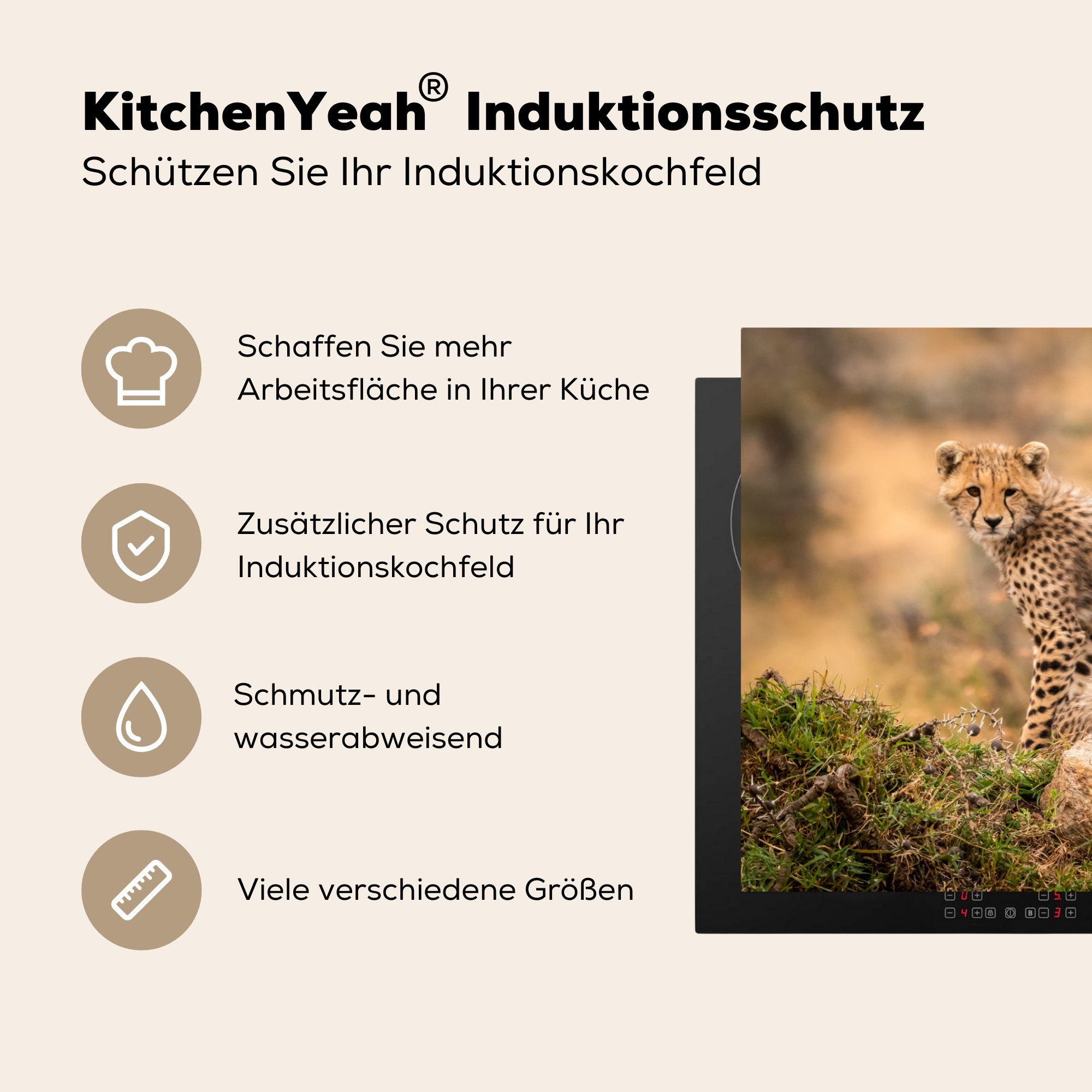 MuchoWow Vinyl, tlg), Herdblende-/Abdeckplatte Schutz 81x52 Induktionskochfeld Natur, für - (1 Jungtier Leopard die - cm, Ceranfeldabdeckung küche,