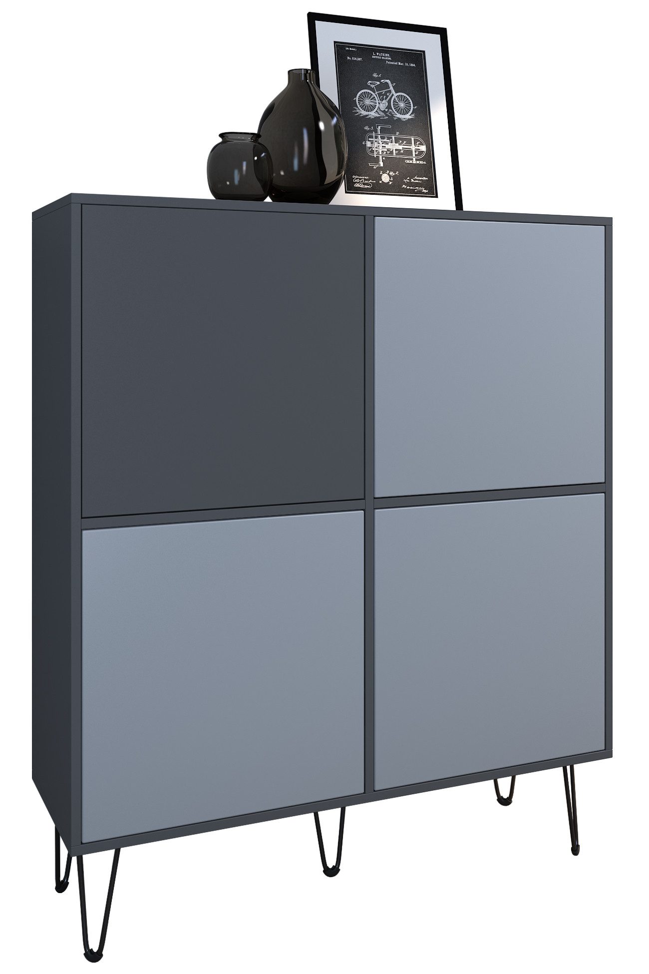 Vladon Highboard Havana V2 (Sideboard mit 4 Türen und 8 geschlossenen Fächern, Kommode, Made in Germany), Anthrazit matt / Denim matt (104 x 124 x 35 cm)