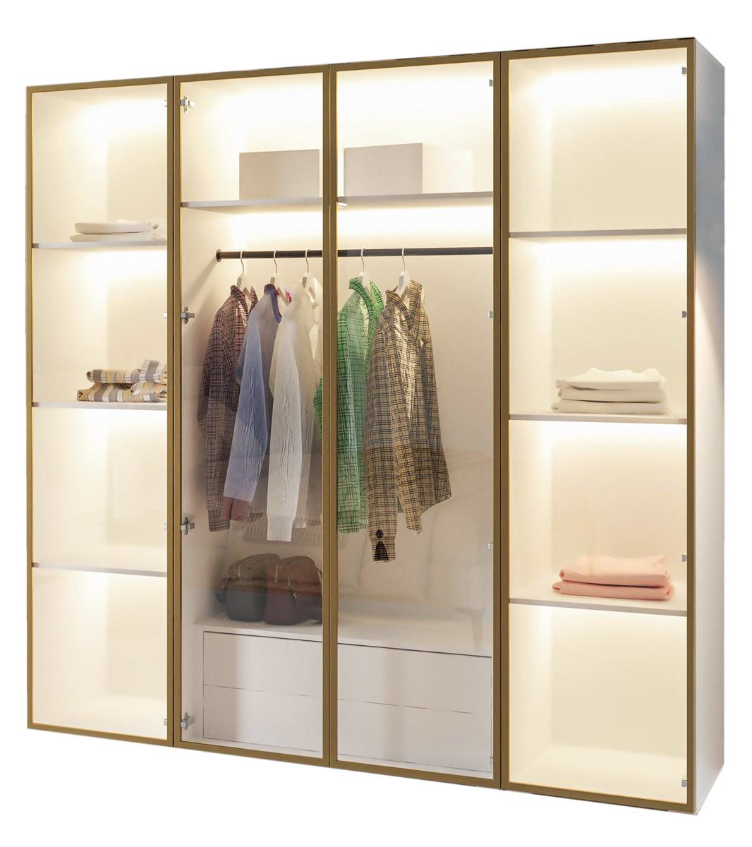 Compleo Drehtürenschrank mit LED-Beleuchtung,Glasfronten, Perfekt Garderobe mit 2 Schubladen