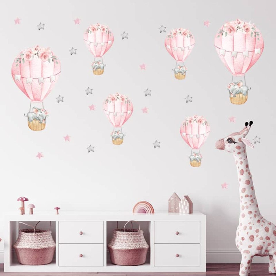 Montegoni Wandsticker 30 x 90 cm Rosa schlafender Babyelefant mit Heißluftballon, Abziehbare Wandsticker mit süßem Design, leicht anzubringen