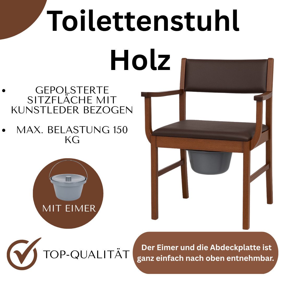 Sundo Homecare Toiletten-Stuhl Toilettenstuhl Holz DUNKEL, aus Holz, mit Eimer und Abdeckplatte