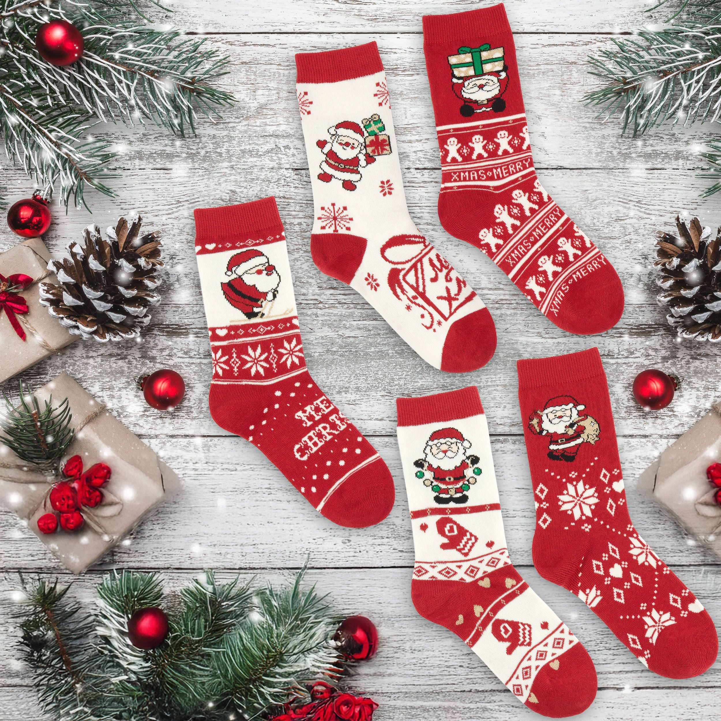 BRUBAKER Socken Weihnachtssocken Set - 5 Paar Wintersocken aus Baumwolle - Weihnachten (Geschenk für Frauen, 5-Paar, Rot & Weiß - Größe 36-41) Damen Sockenset mit Norwegersocken Muster