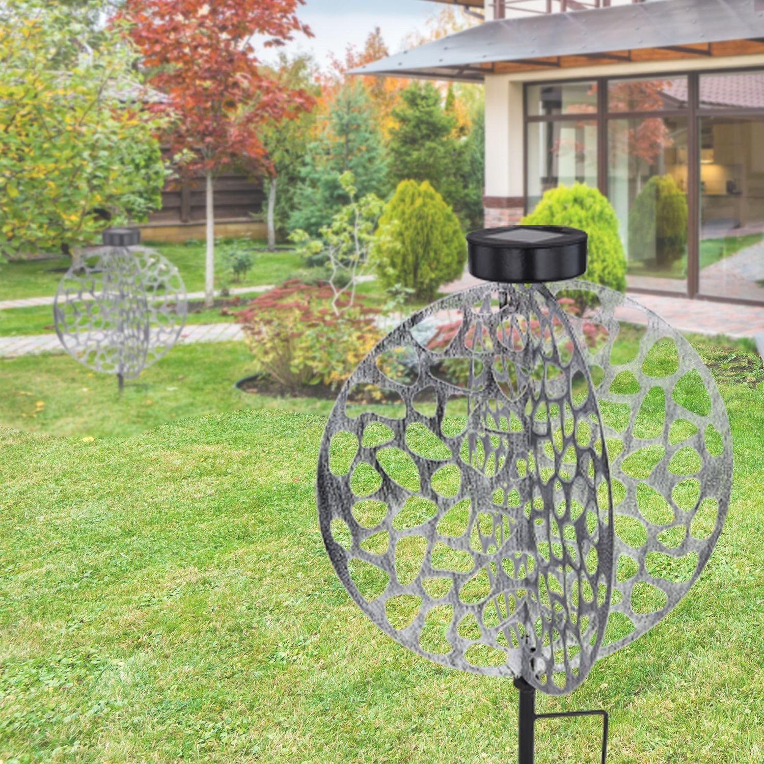 bmf-versand LED Solarleuchte Solarleuchte Garten 2er Set Scheibe 30cm Solarlampe Außen, Gartendeko, Dekoleuchte, Außenleuchte, LED fest integriert, warmweiß, Gartenleuchte