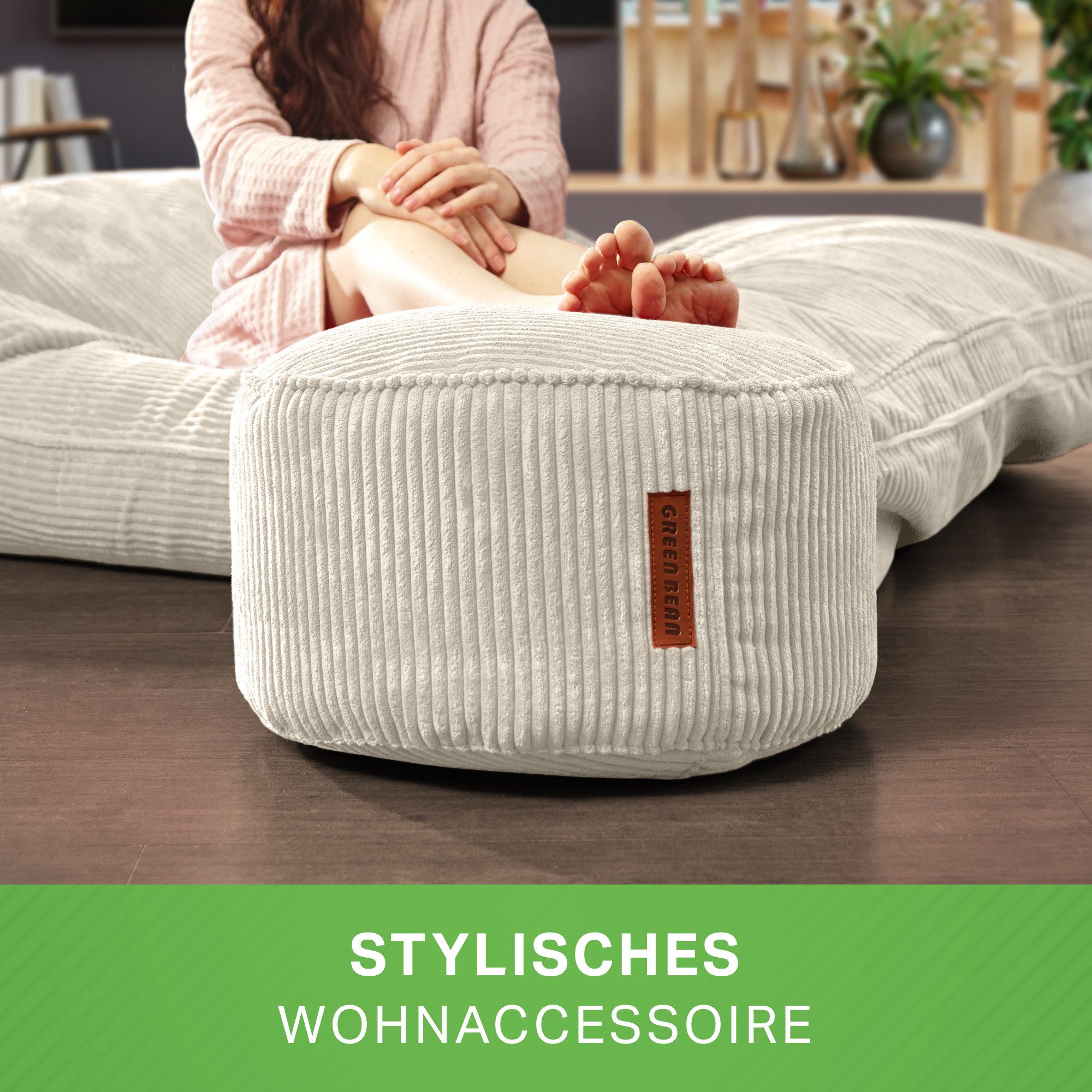 Green Bean Pouf Sitzsack-Hocker Pouf Cord 45x25cm (Indoor Sitzhocker Sitzkissen Fußhocker Relax-Sessel, Made in Germany), die ideale Ergänzung zum Sitzsack