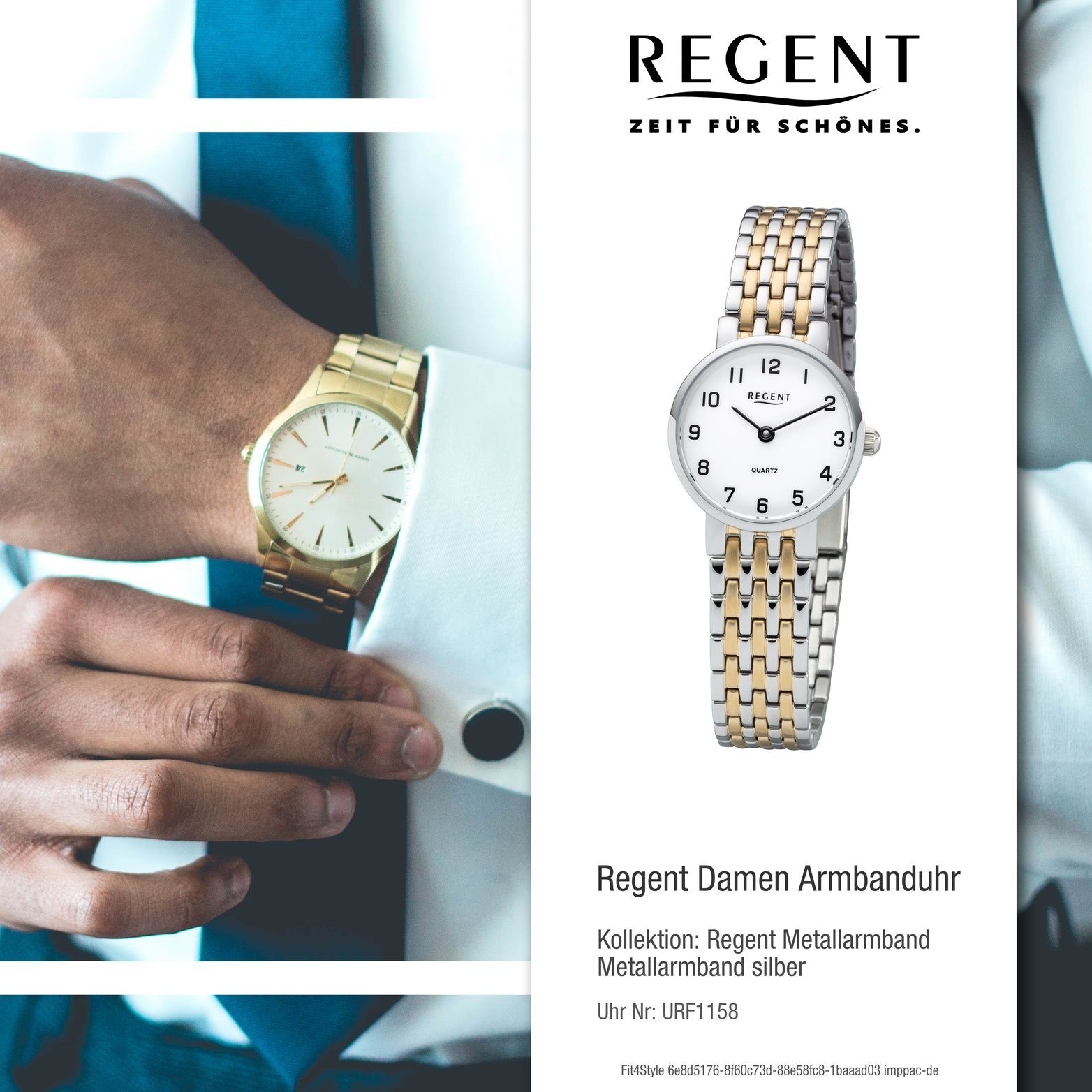 Regent Quarzuhr silber, Damenuhr F-1158 gold, (ca. 24mm) Damenuhr Armbanduhr, klein rundes Regent Gehäuse, Metall Metallarmband
